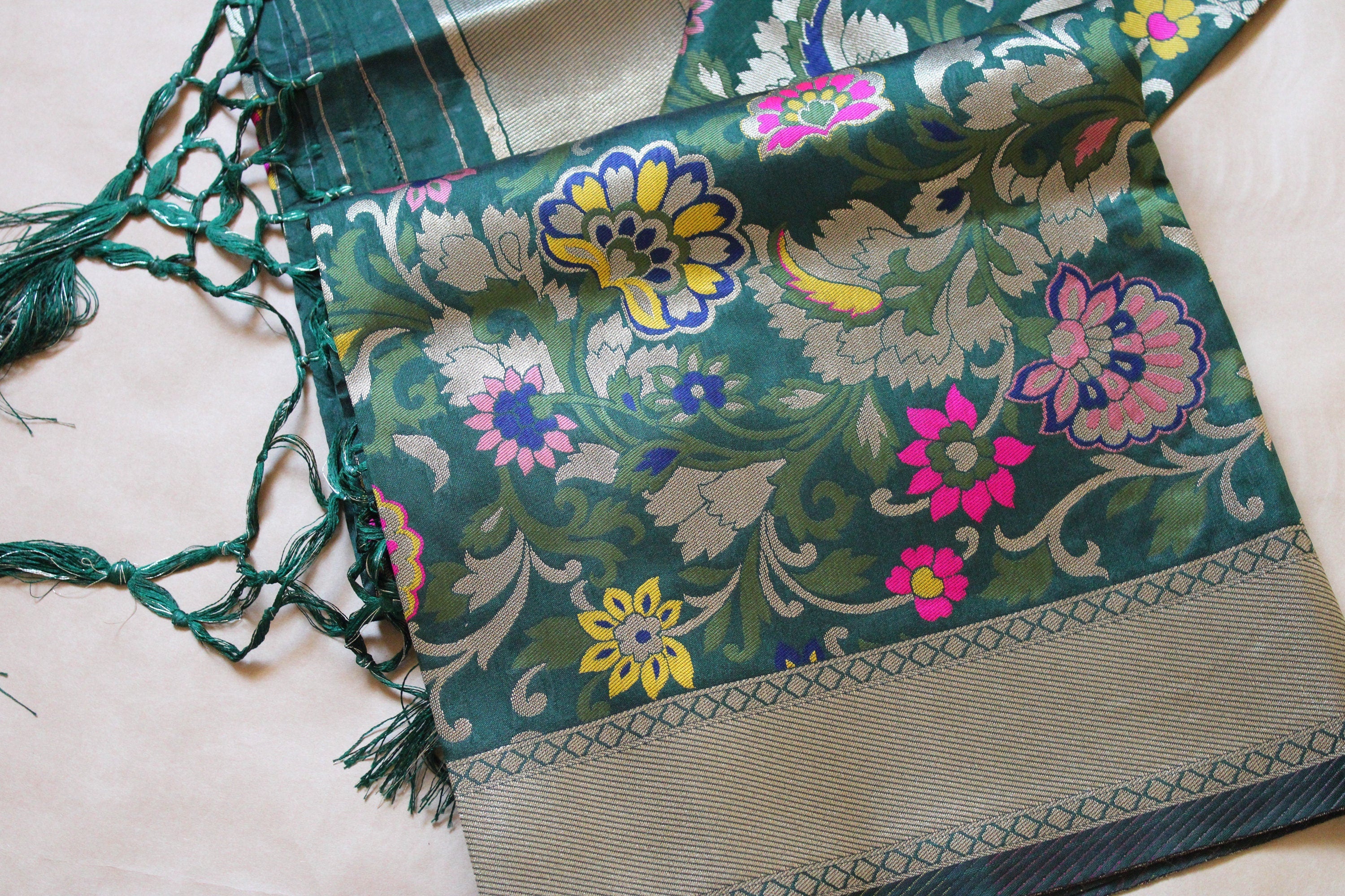 Banarasi Silk Bottle Green Dupatta with Multicolor & Gold Floral Handweaving