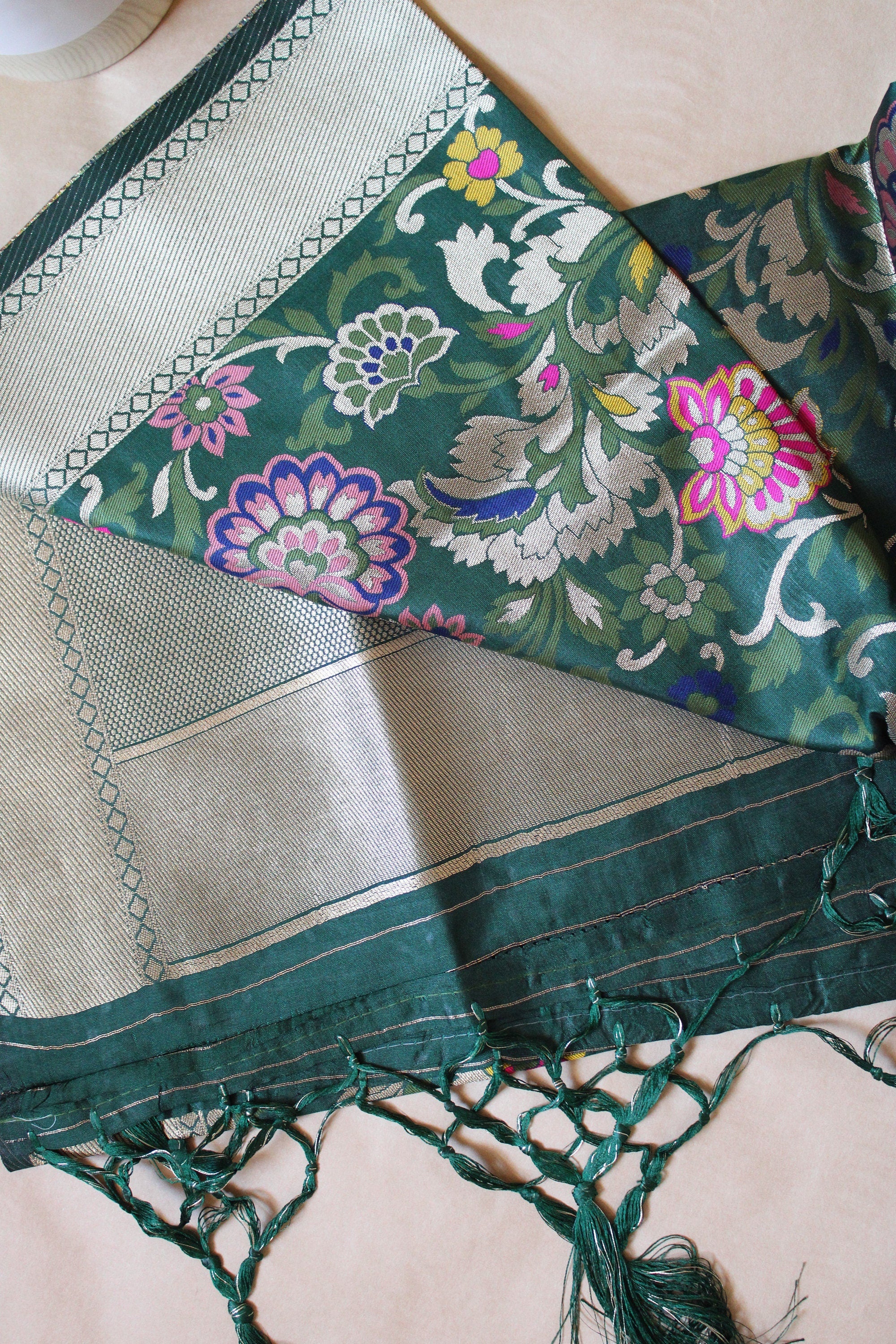 Banarasi Silk Bottle Green Dupatta with Multicolor & Gold Floral Handweaving