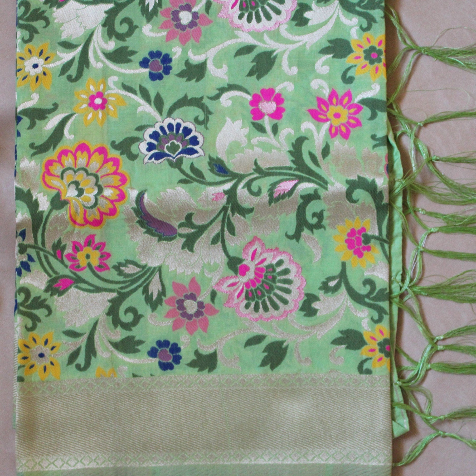 Banarasi Silk Light Green Dupatta with Multicolor & Gold Floral Handweaving