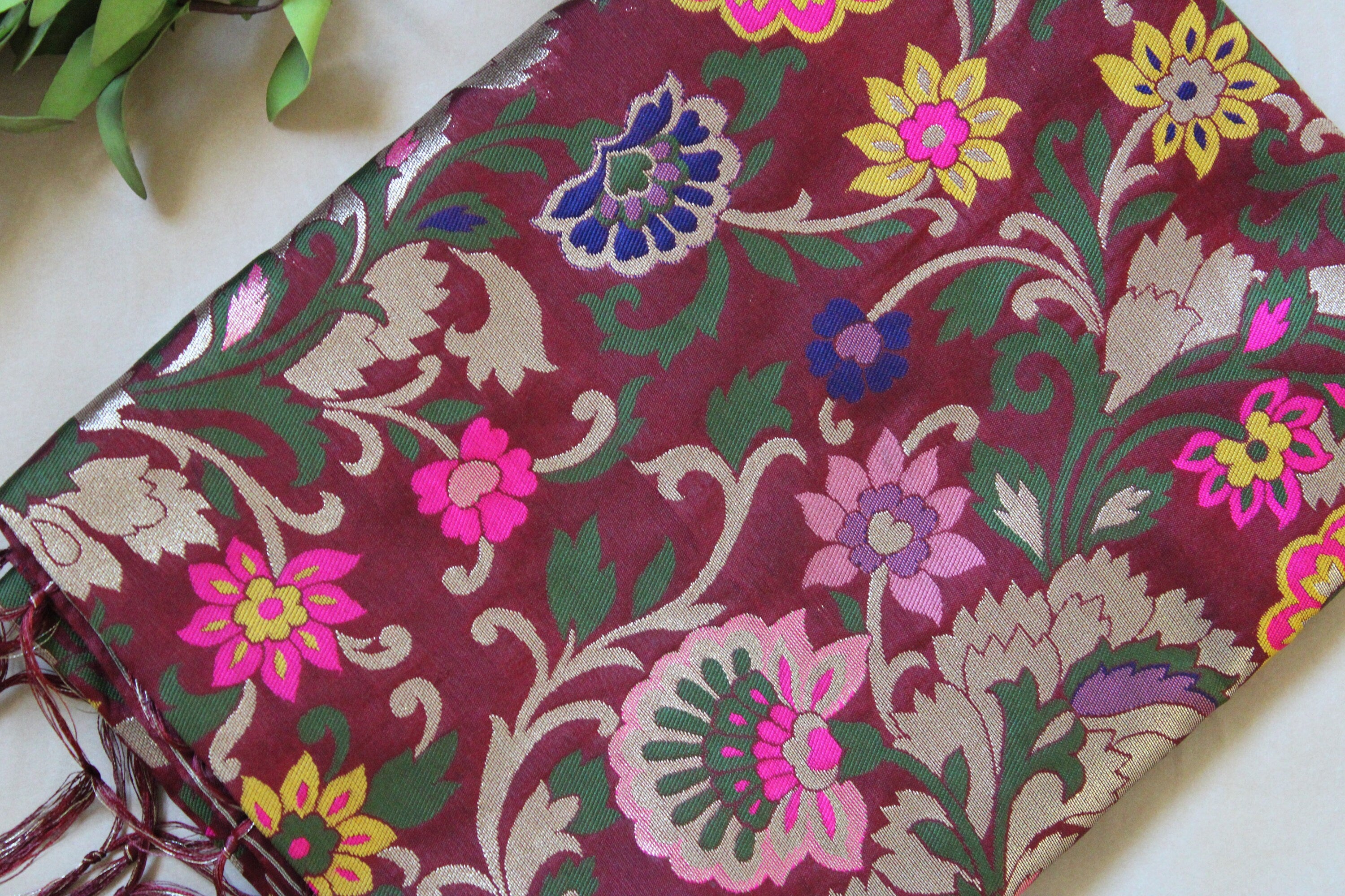 Banarasi Silk Brown Dupatta with multicolor and gold floral handweaving, Indian traditional Festive wear, Luxurious Banarasi silk