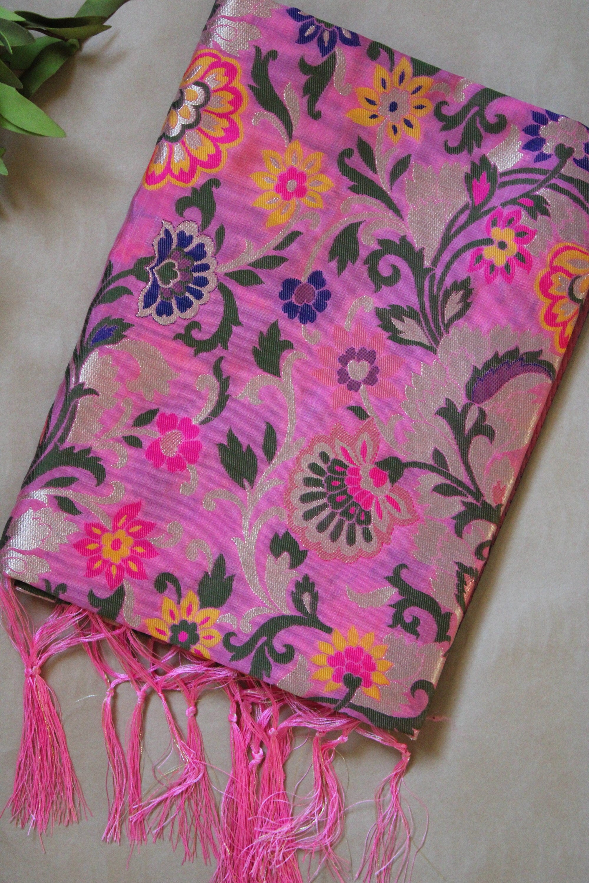 Banarasi Silk vibrant Pink Dupatta, multicolor and gold floral handweaving