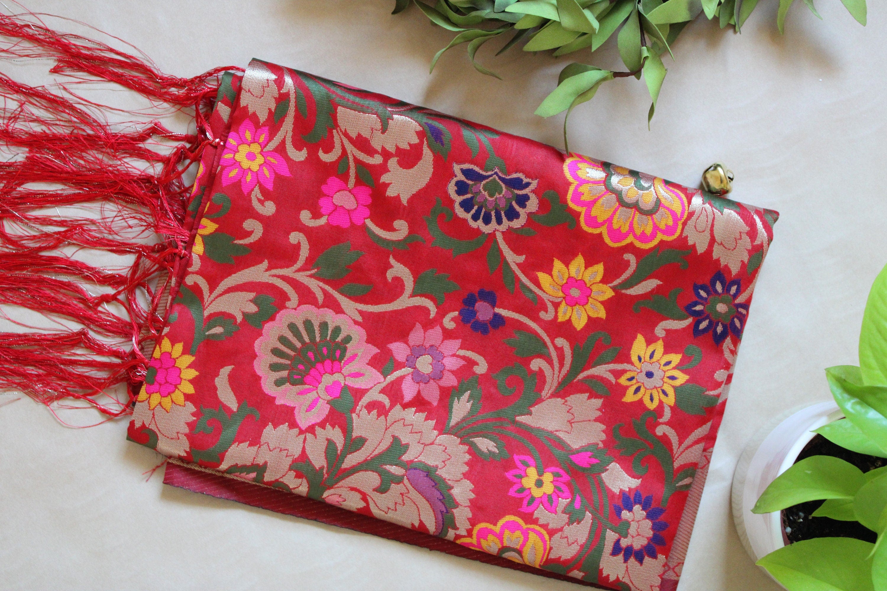 Banarasi Silk Bridal Red Dupatta with Multicolor & Gold Floral Handweaving