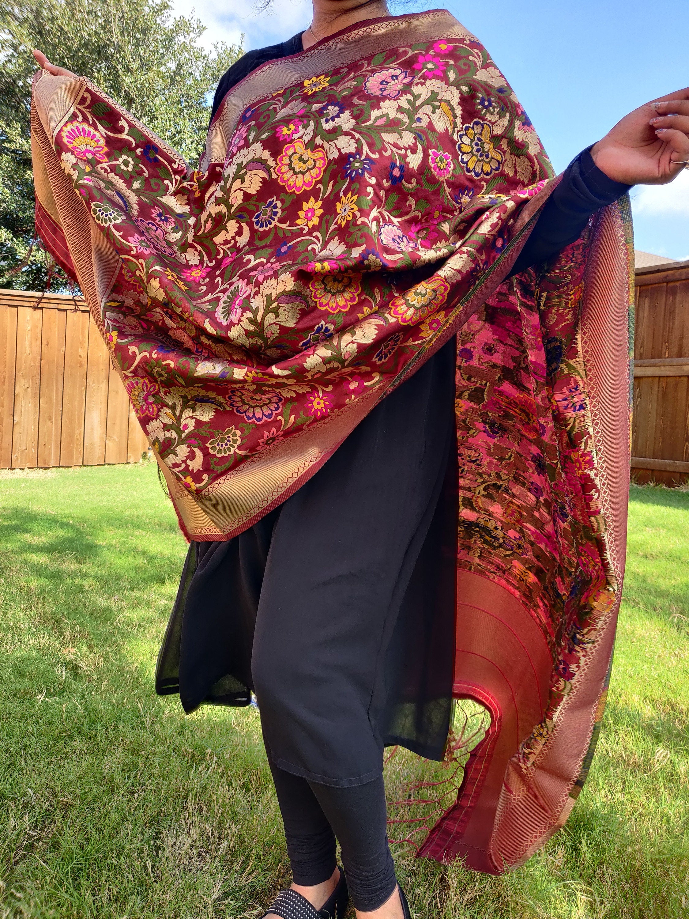 Banarasi Silk Brown Dupatta with multicolor and gold floral handweaving, Indian traditional Festive wear, Luxurious Banarasi silk