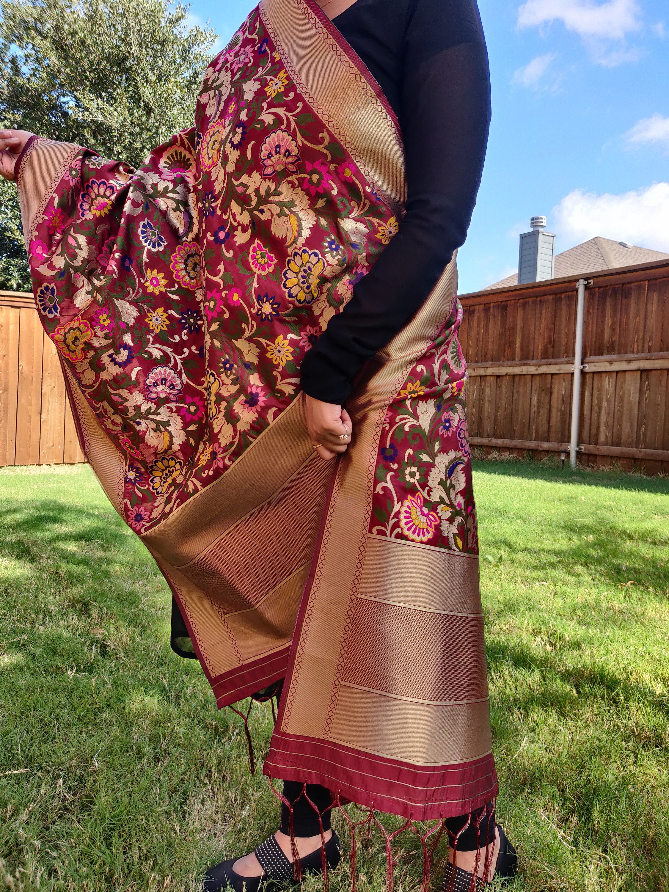 Banarasi Silk Brown Dupatta with multicolor and gold floral handweaving, Indian traditional Festive wear, Luxurious Banarasi silk