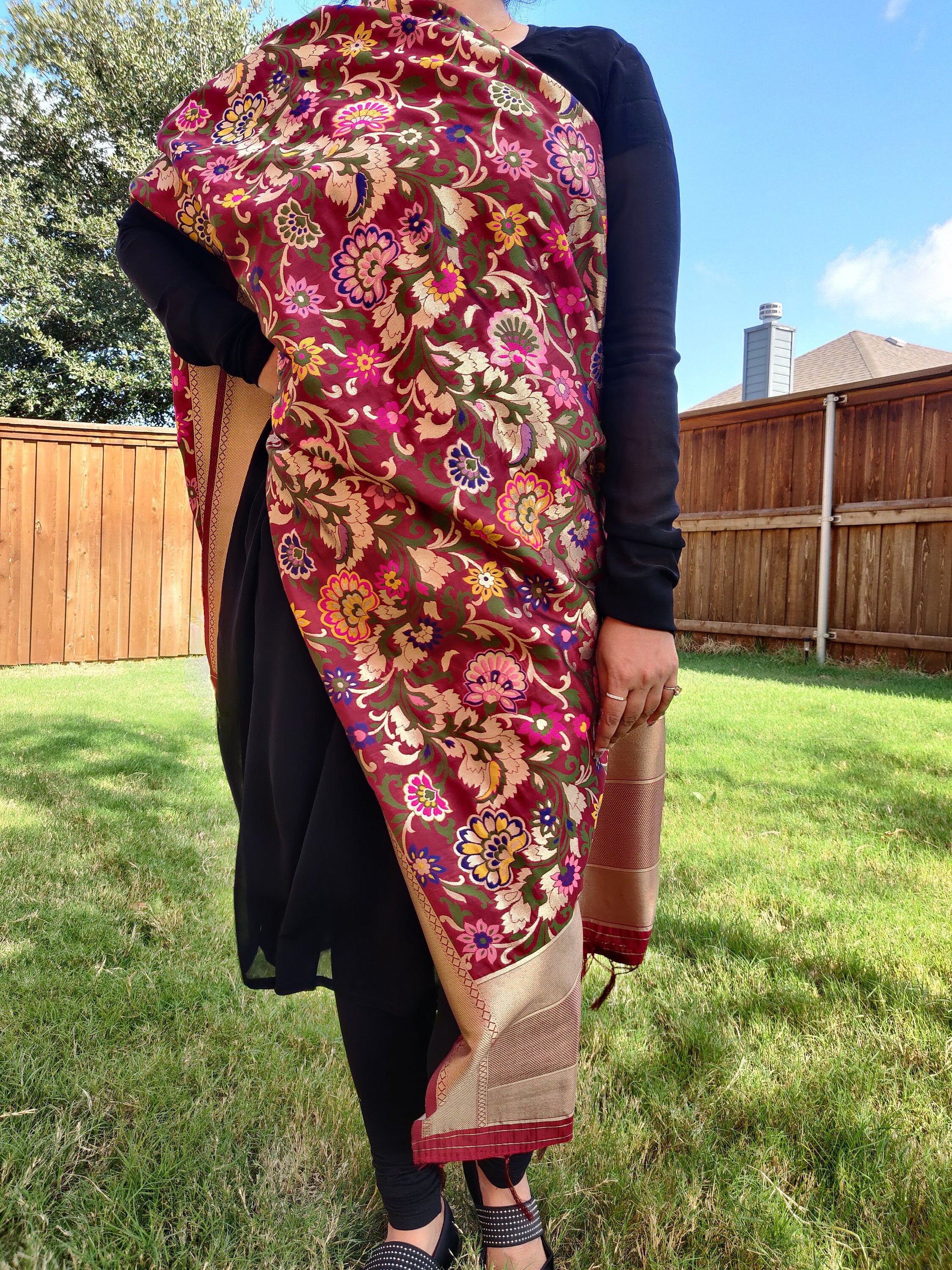 Banarasi Silk Brown Dupatta with multicolor and gold floral handweaving, Indian traditional Festive wear, Luxurious Banarasi silk