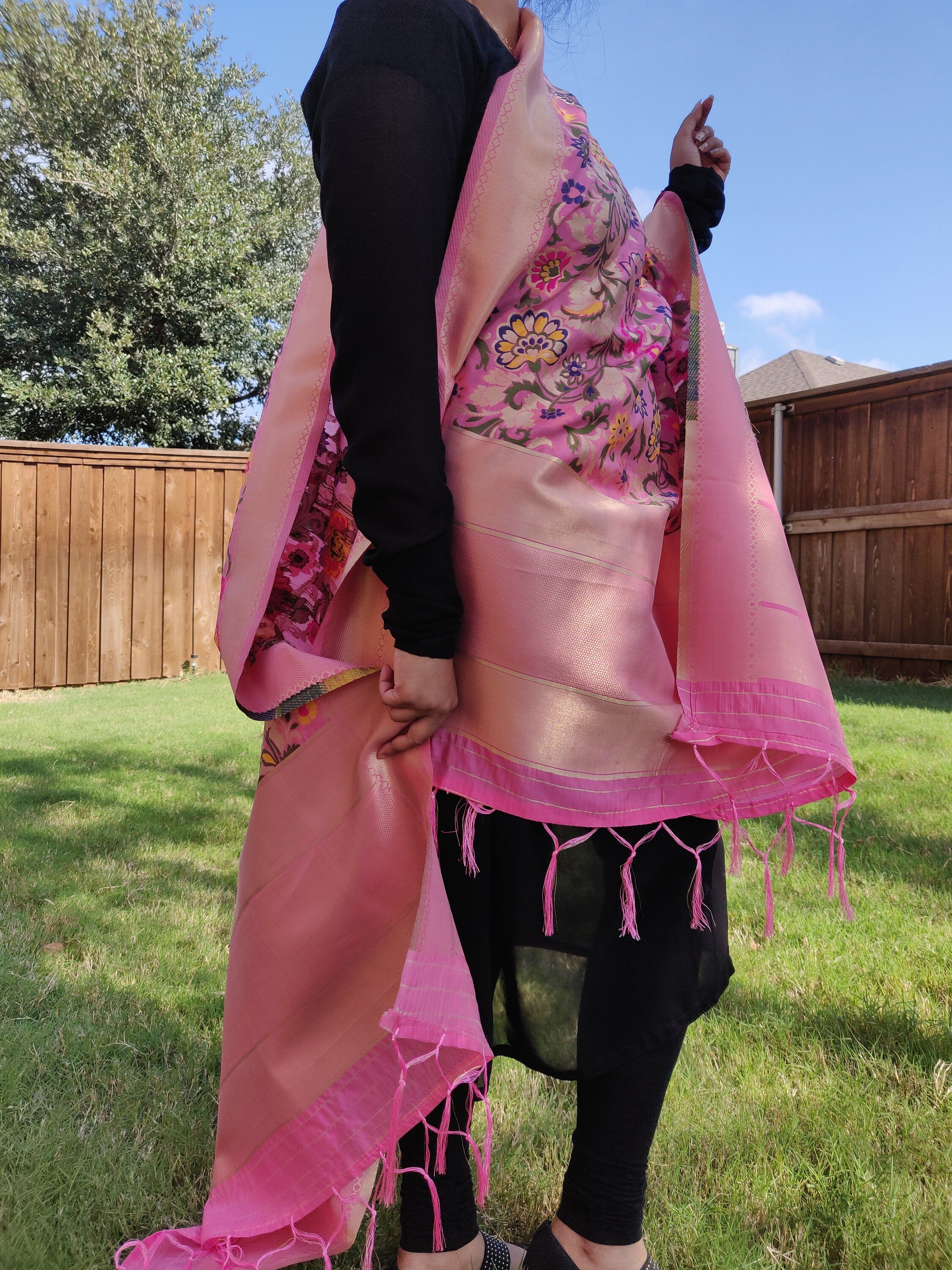 Banarasi Silk vibrant Pink Dupatta, multicolor and gold floral handweaving