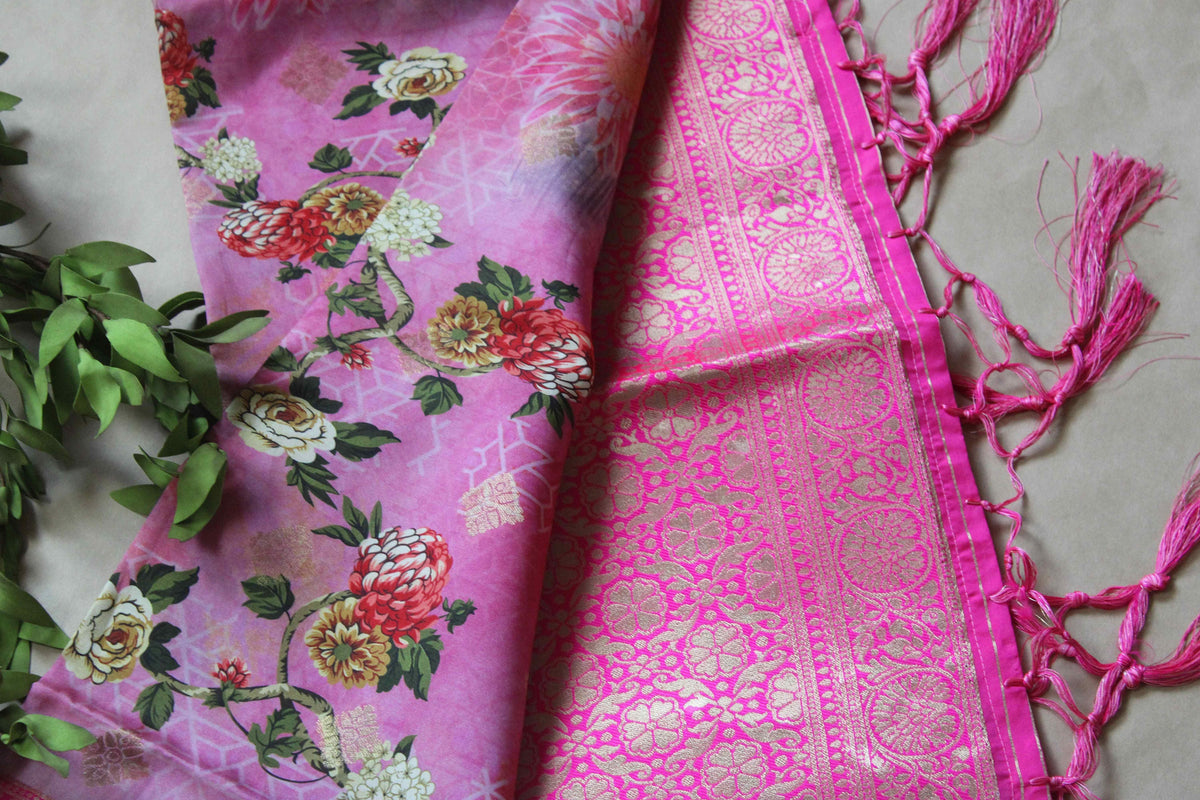 Banarasi Pink Silk Dupatta with Floral Prints