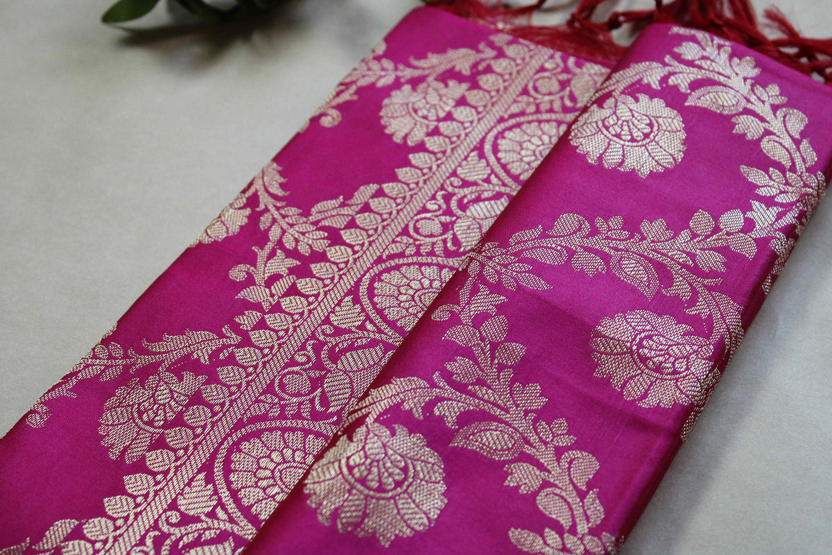 Banarasi Silk Dupatta with Gold Weaving - Rani Pink