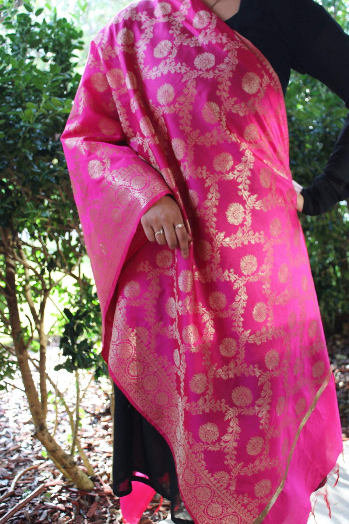 Banarasi Silk Dupatta with Gold Weaving - Rani Pink