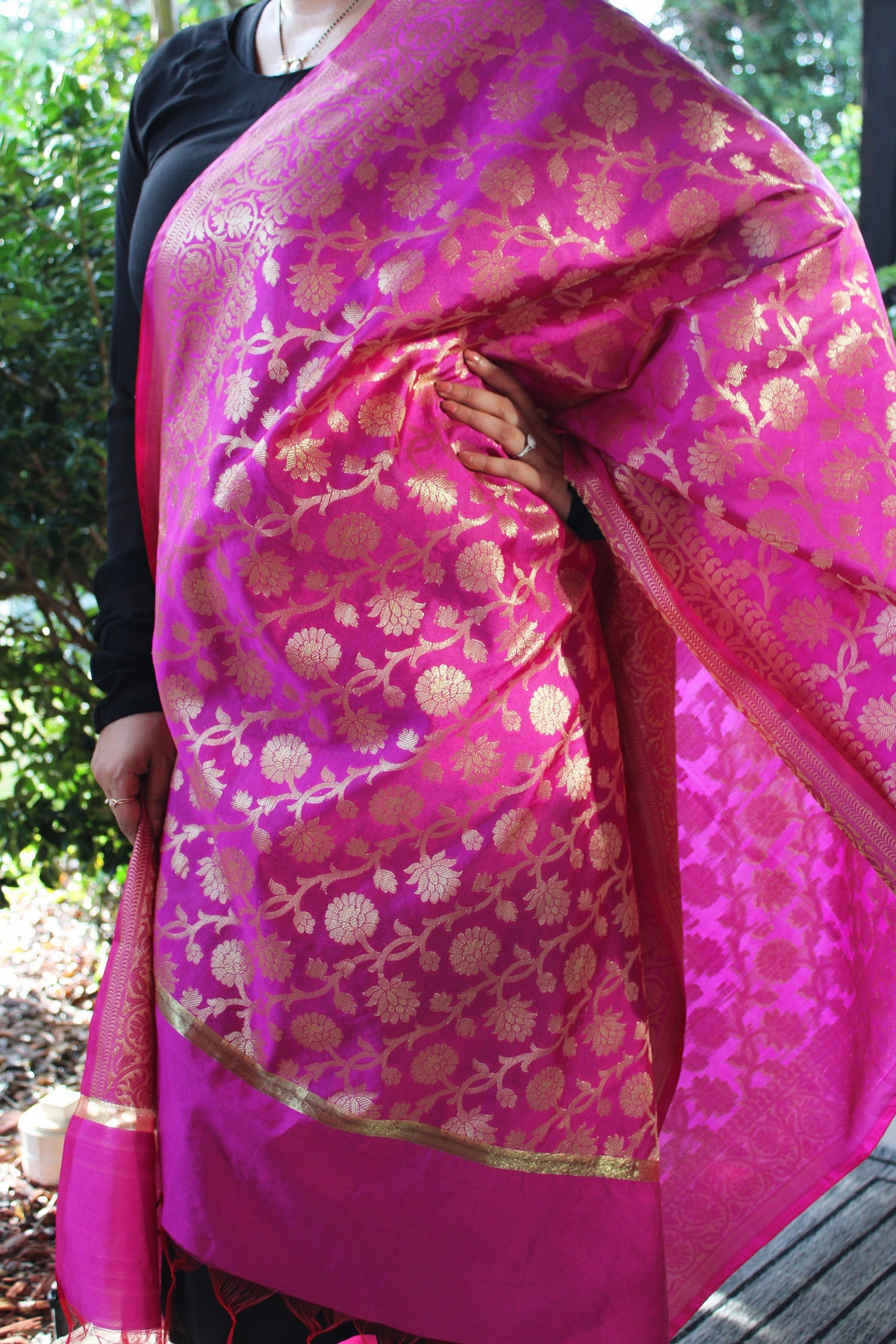 Banarasi Silk Dupatta with Gold Weaving - Rani Pink