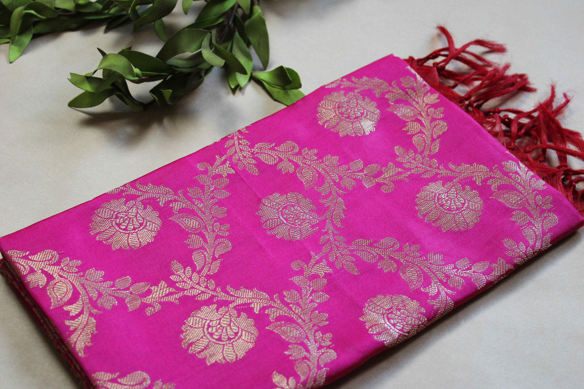 Banarasi Silk Dupatta with Gold Weaving - Rani Pink