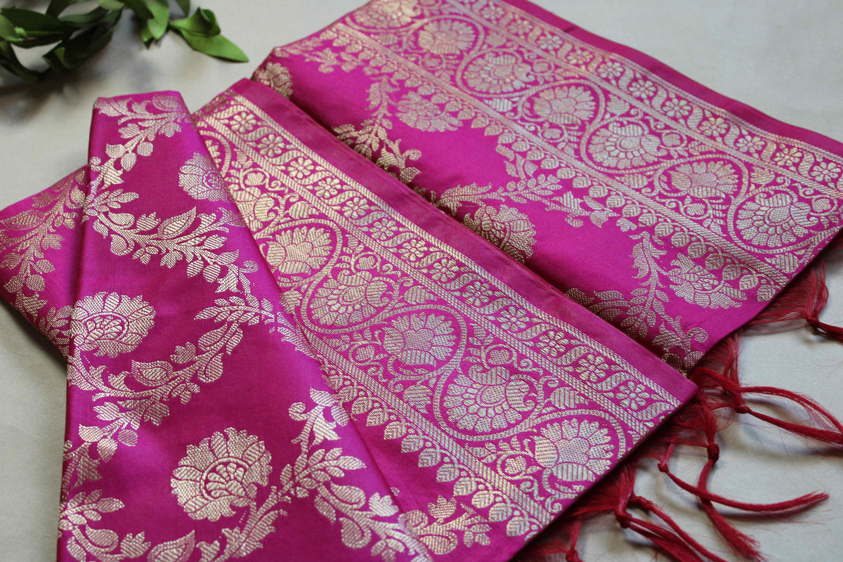 Banarasi Silk Dupatta with Gold Weaving - Rani Pink