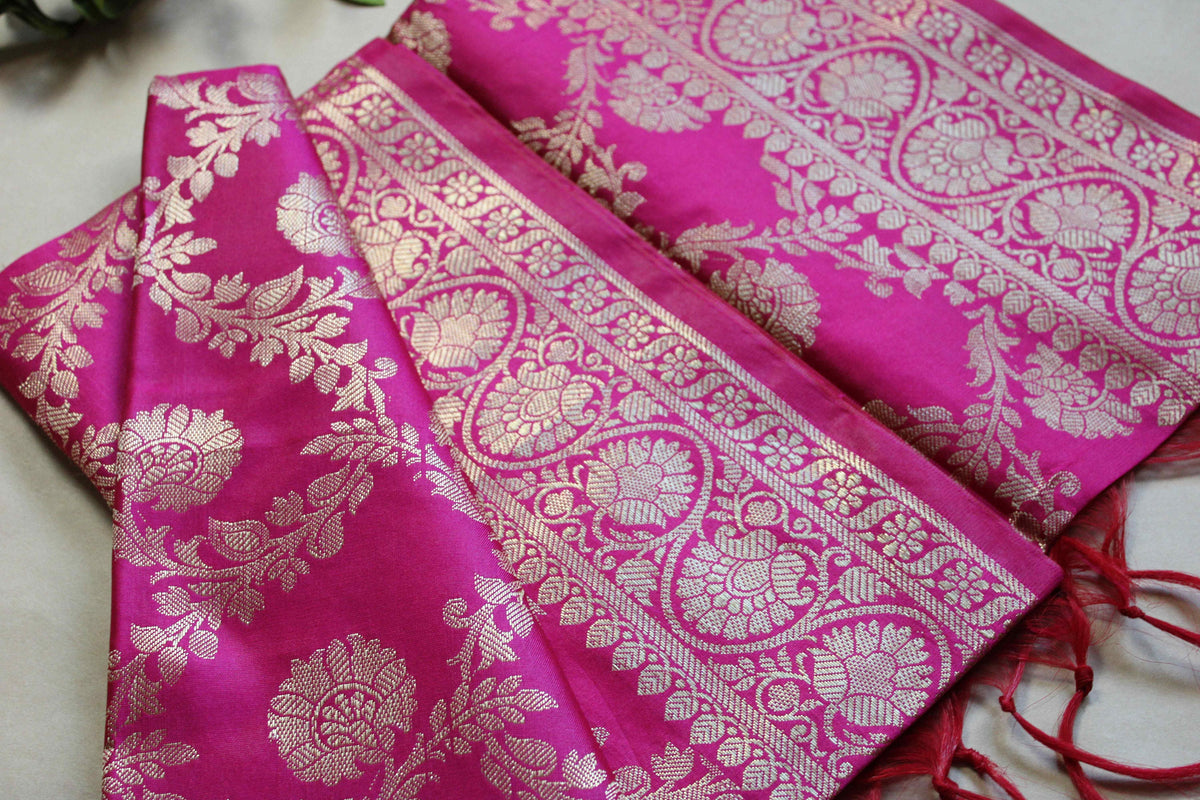 Banarasi Silk Dupatta with Gold Weaving - Rani Pink