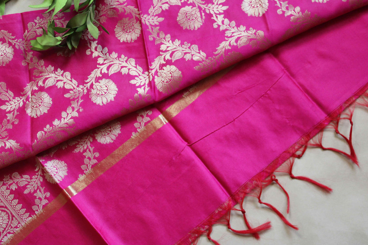 Banarasi Silk Dupatta with Gold Weaving - Rani Pink