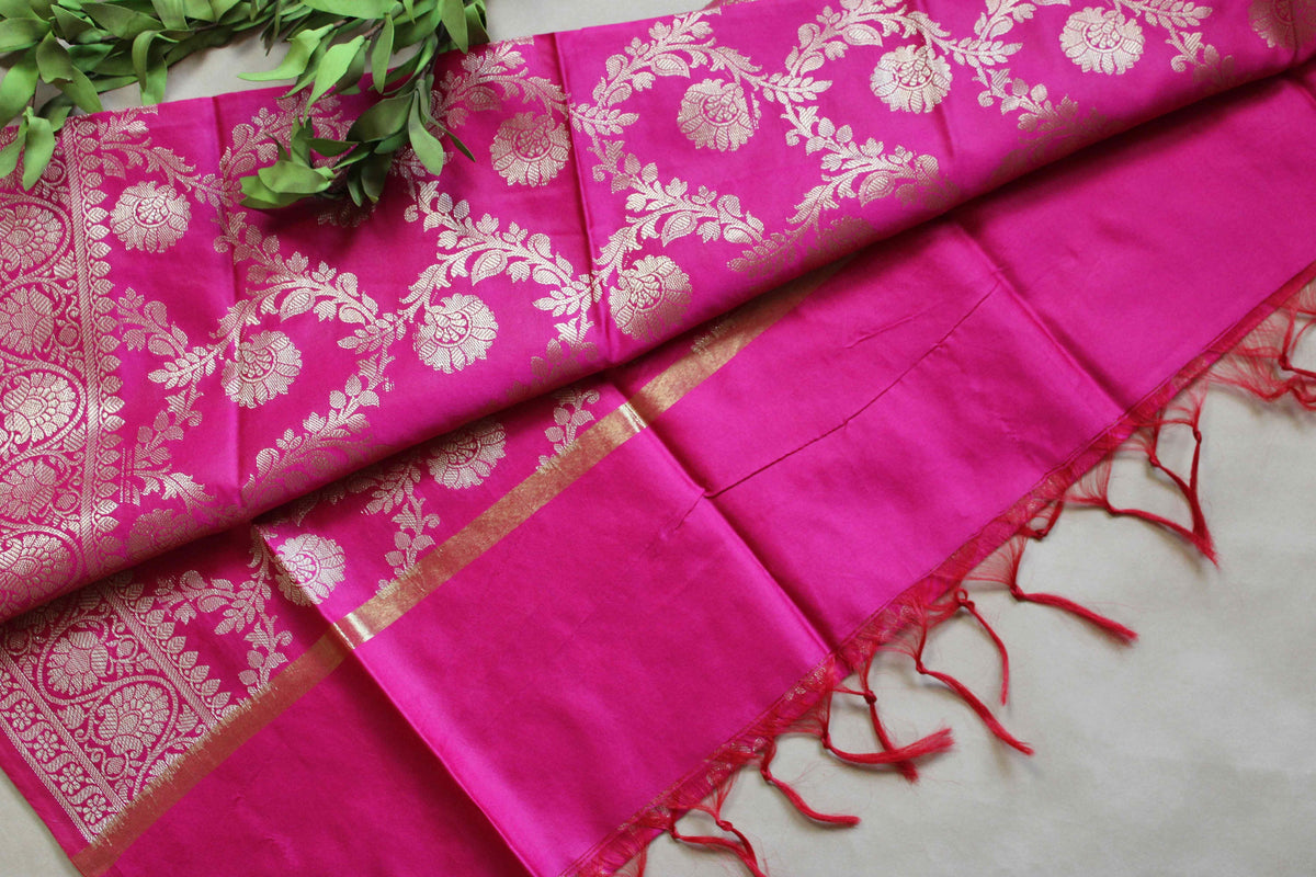 Banarasi Silk Dupatta with Gold Weaving - Rani Pink