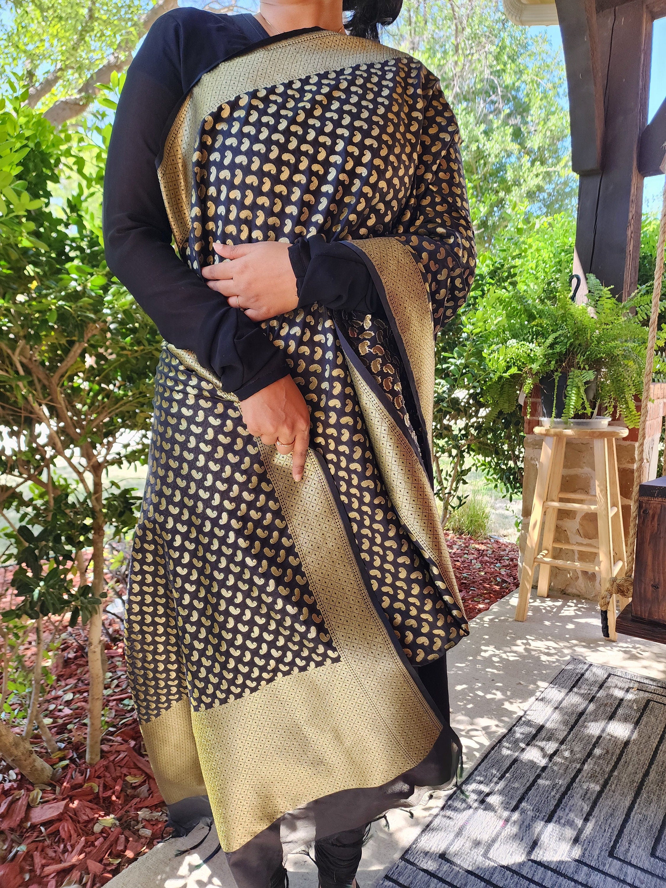 Black Banarasi Silk Dupatta with Gold Kairi Motifs and Intricate Zari Border