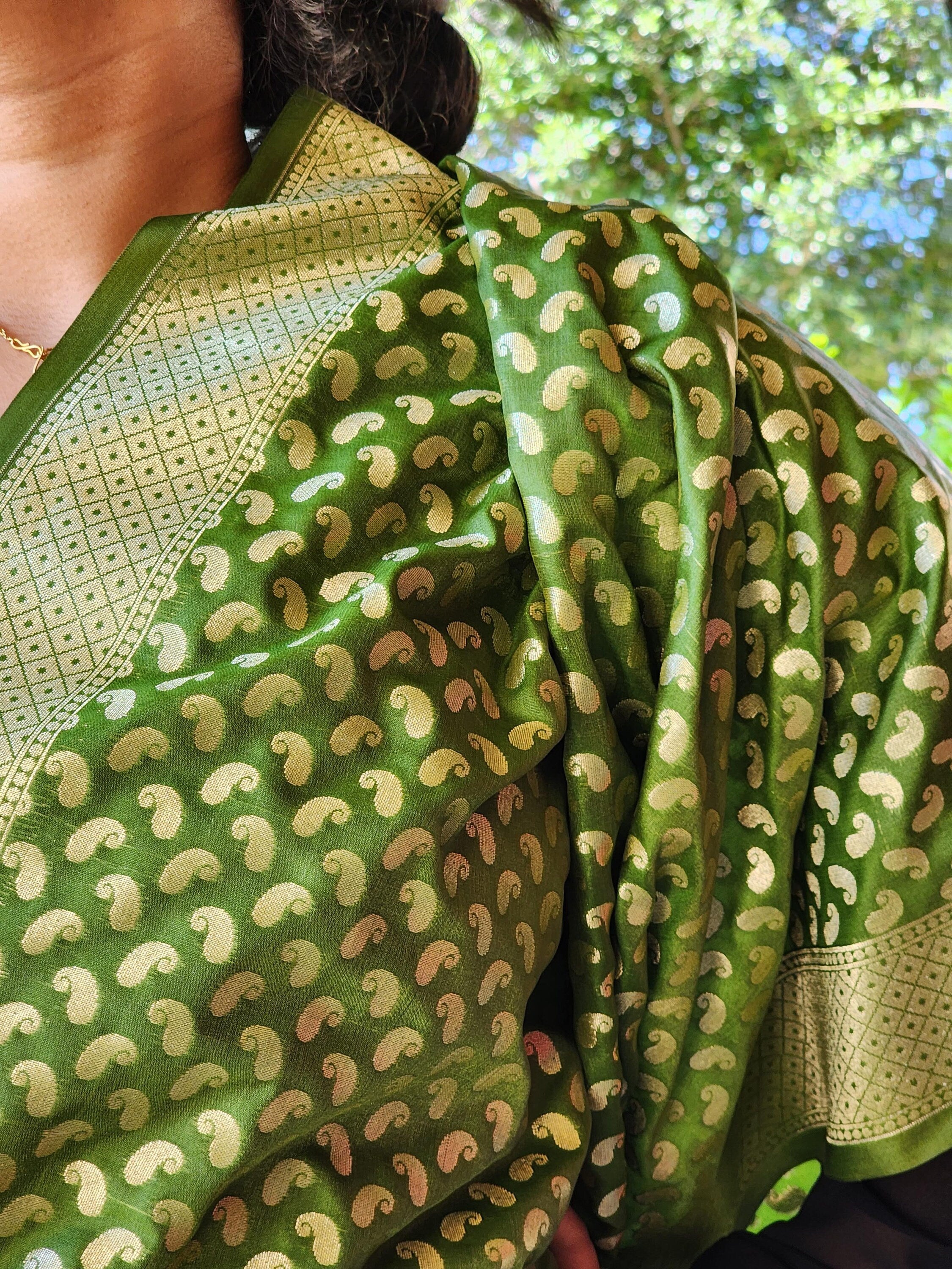 Light Green Banarasi Silk Dupatta with Gold Kairi Motifs and Intricate Zari Border