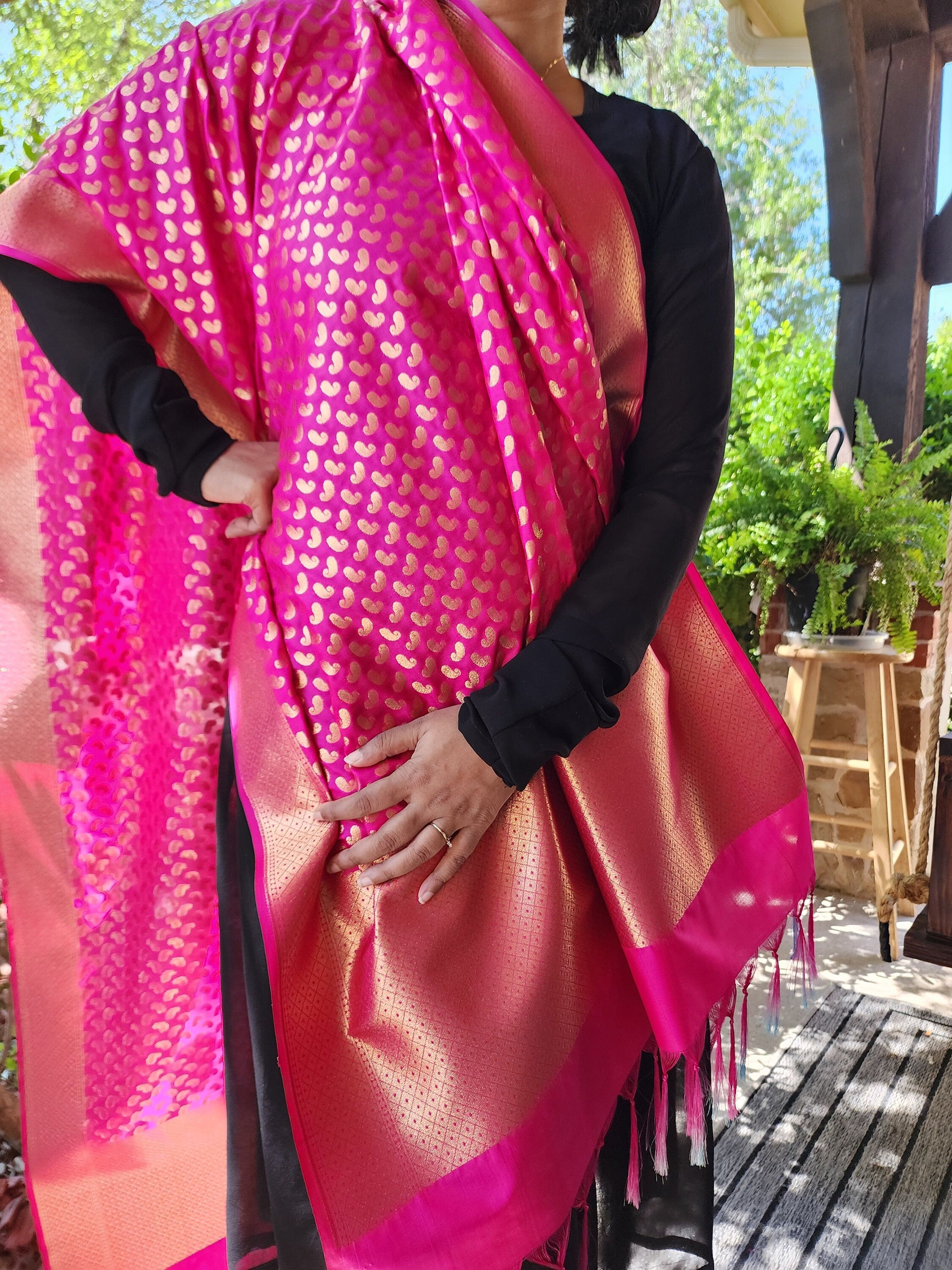 Rani Pink Banarasi Silk Dupatta with Gold Kairi Motifs and Intricate Zari Border