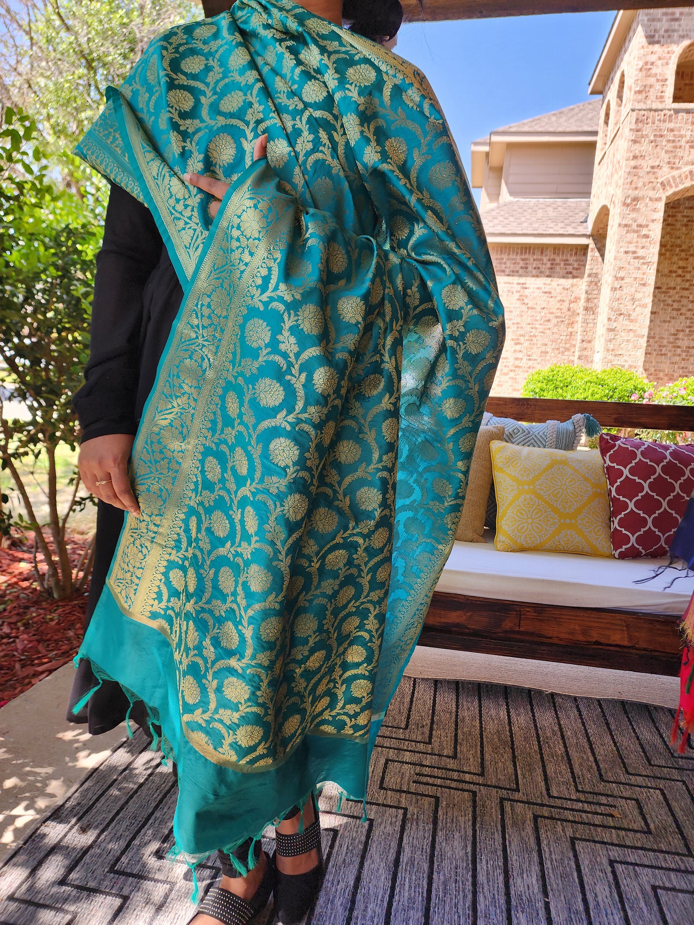 Banarasi Turquoise Green Silk Dupatta with Gold Weaving and Floral Border