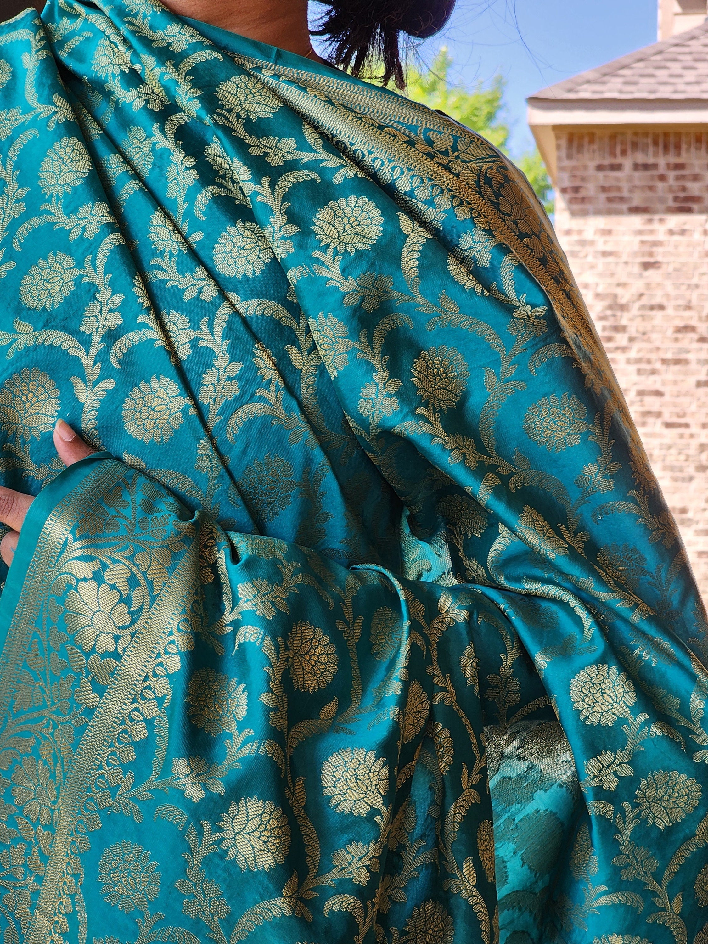 Banarasi Turquoise Green Silk Dupatta with Gold Weaving and Floral Border