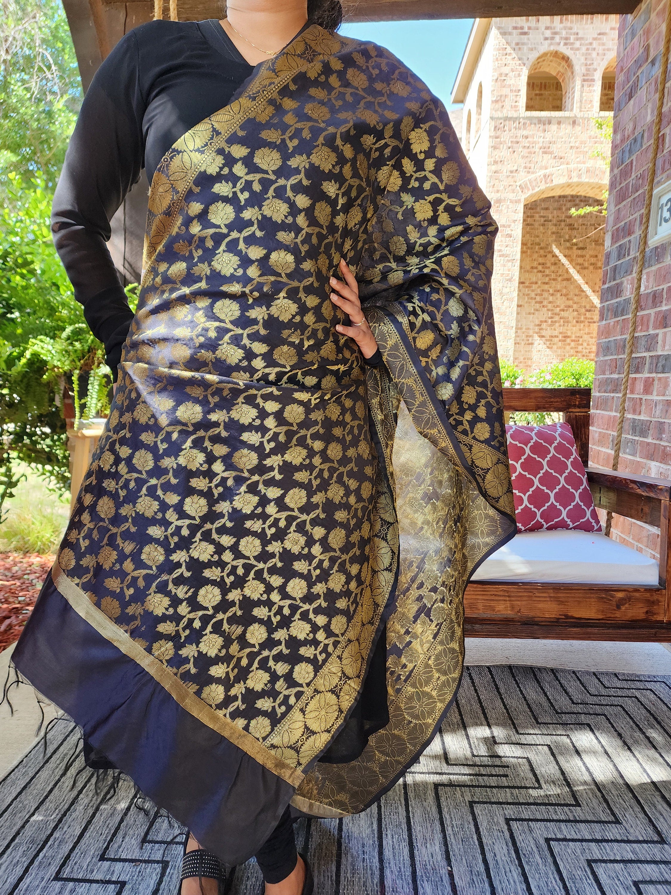 Banarasi Black Silk Dupatta with gold weaving