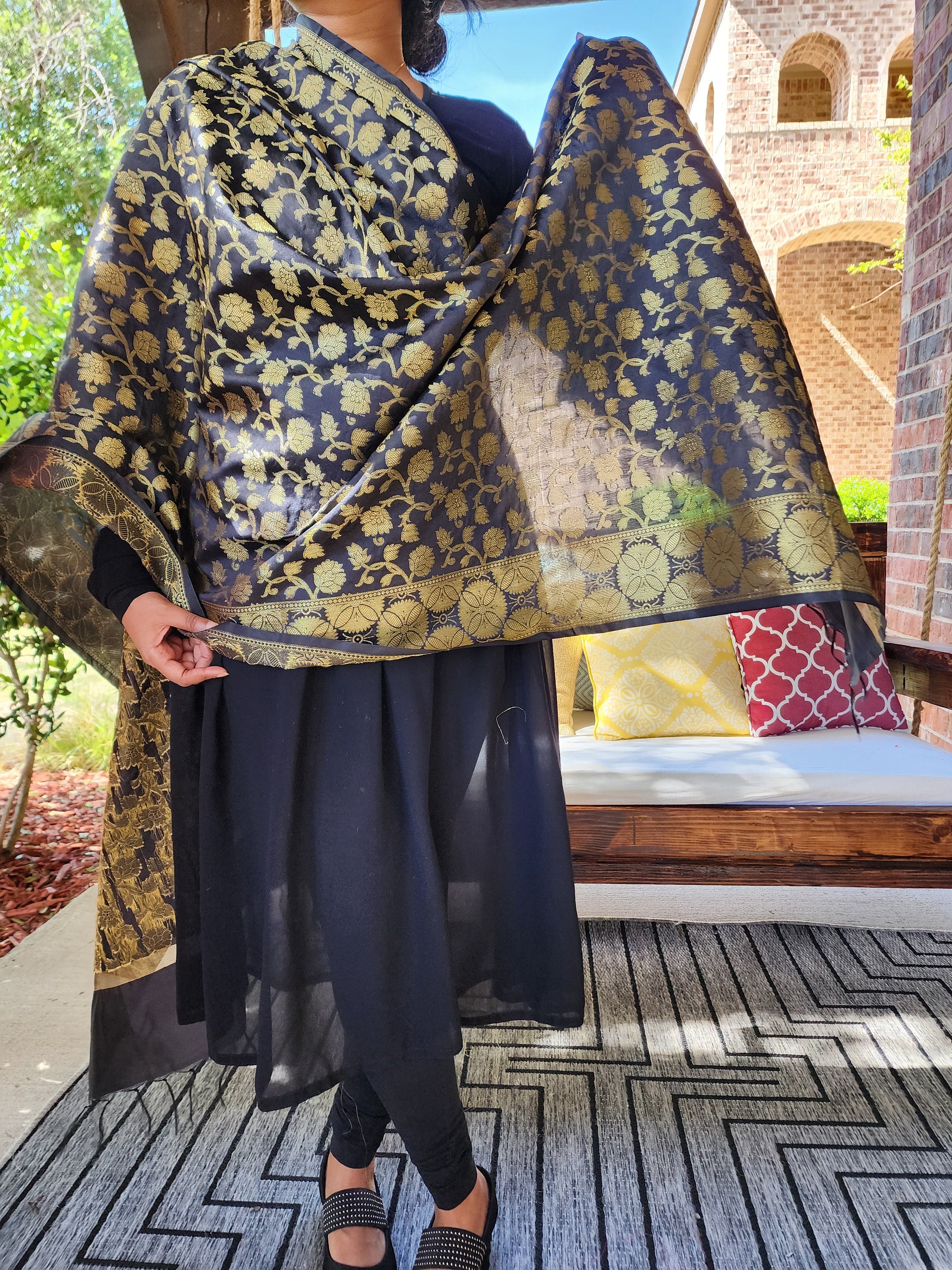 Banarasi Black Silk Dupatta with gold weaving