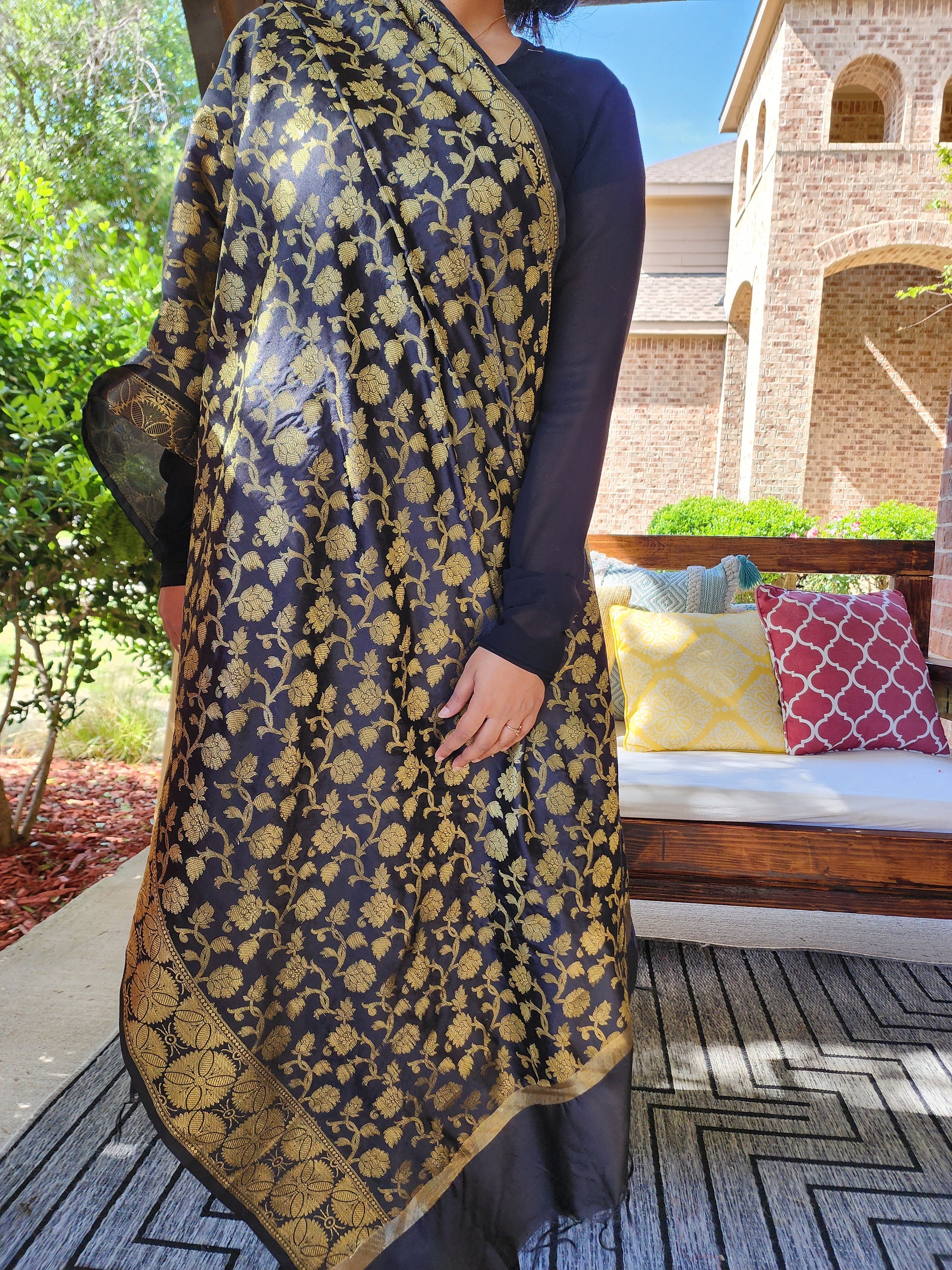 Banarasi Black Silk Dupatta with gold weaving