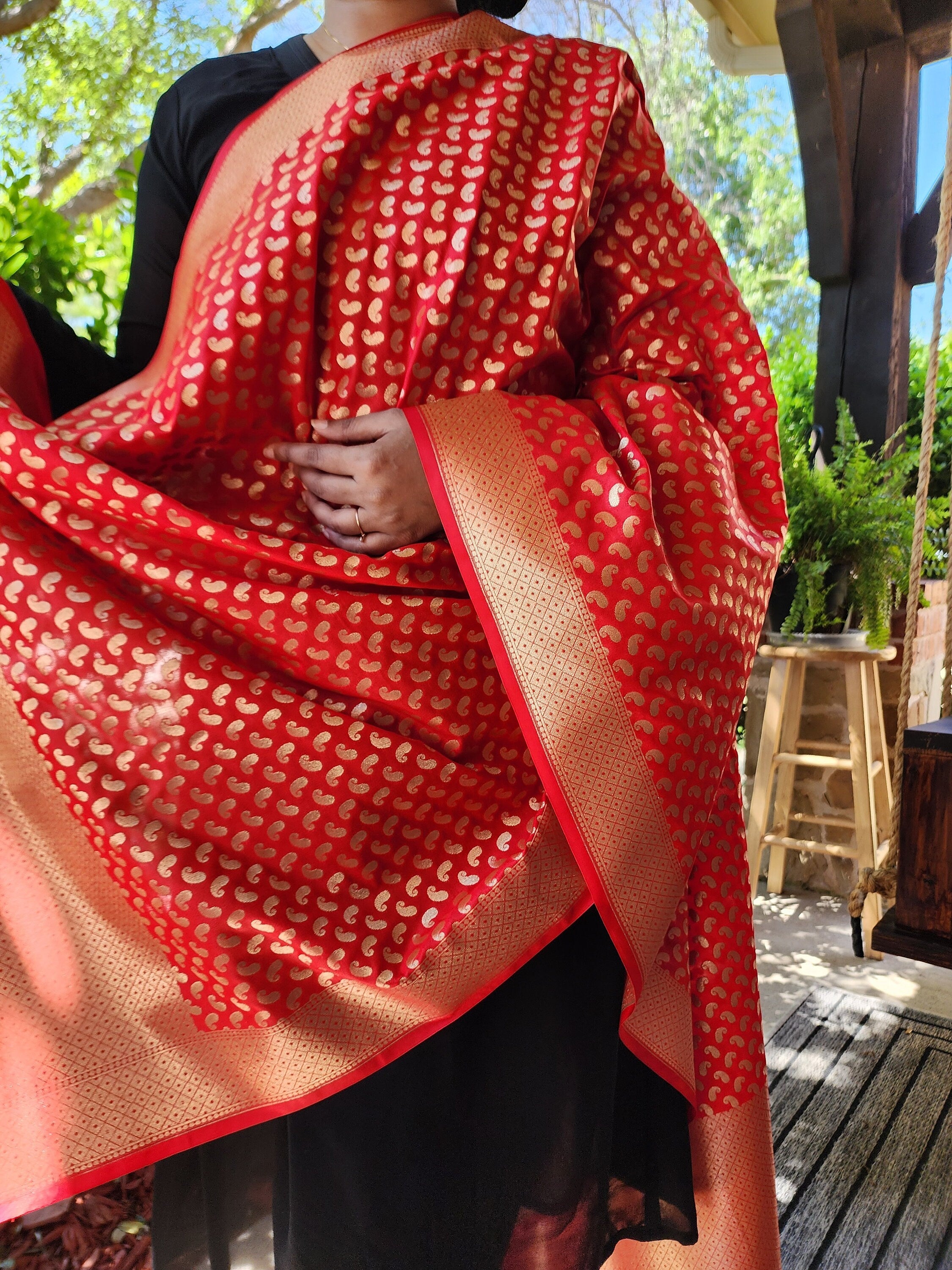 Red Banarasi Silk Dupatta with Gold Kairi Motifs and Intricate Zari Border