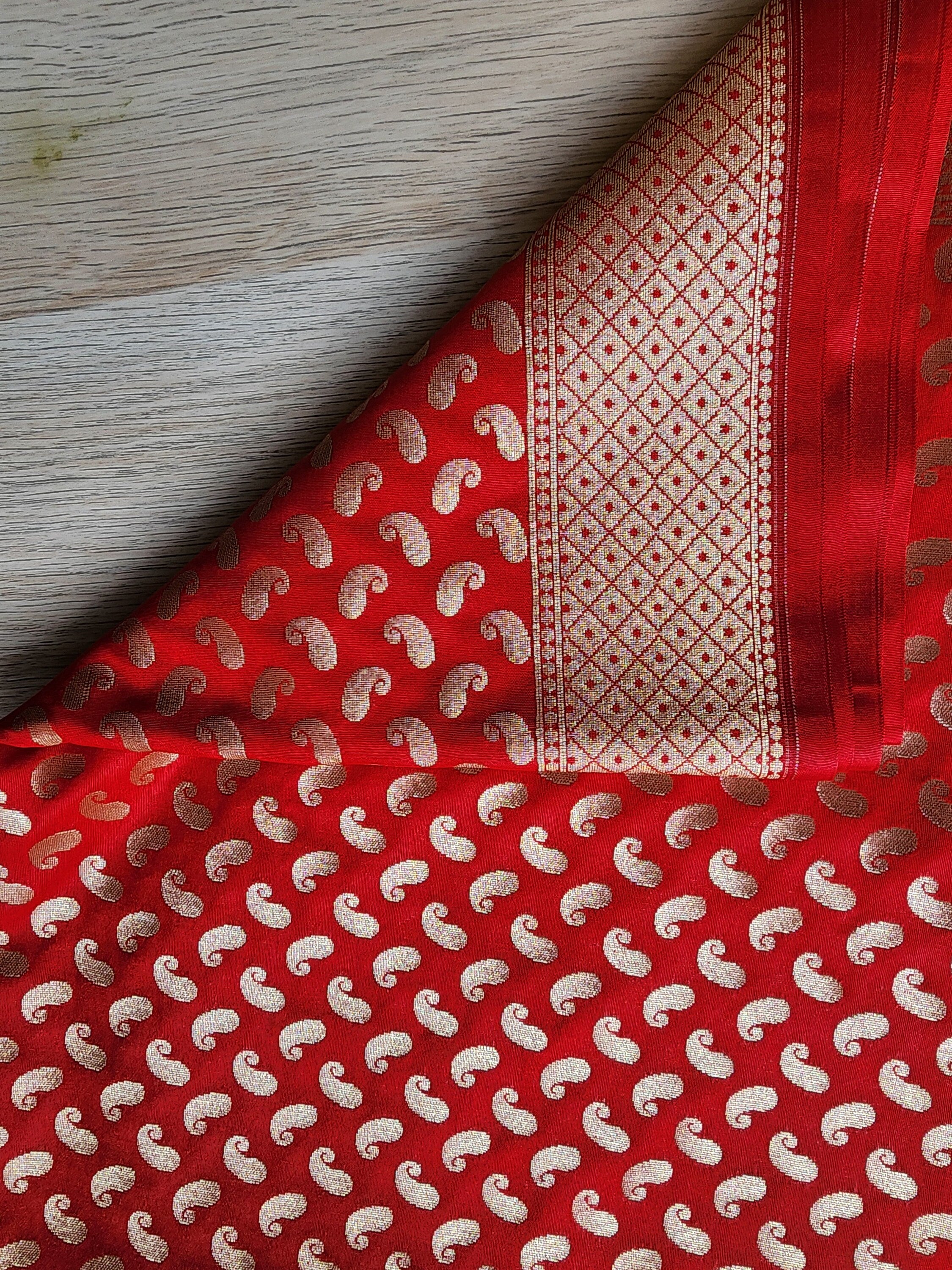 Red Banarasi Silk Dupatta with Gold Kairi Motifs and Intricate Zari Border