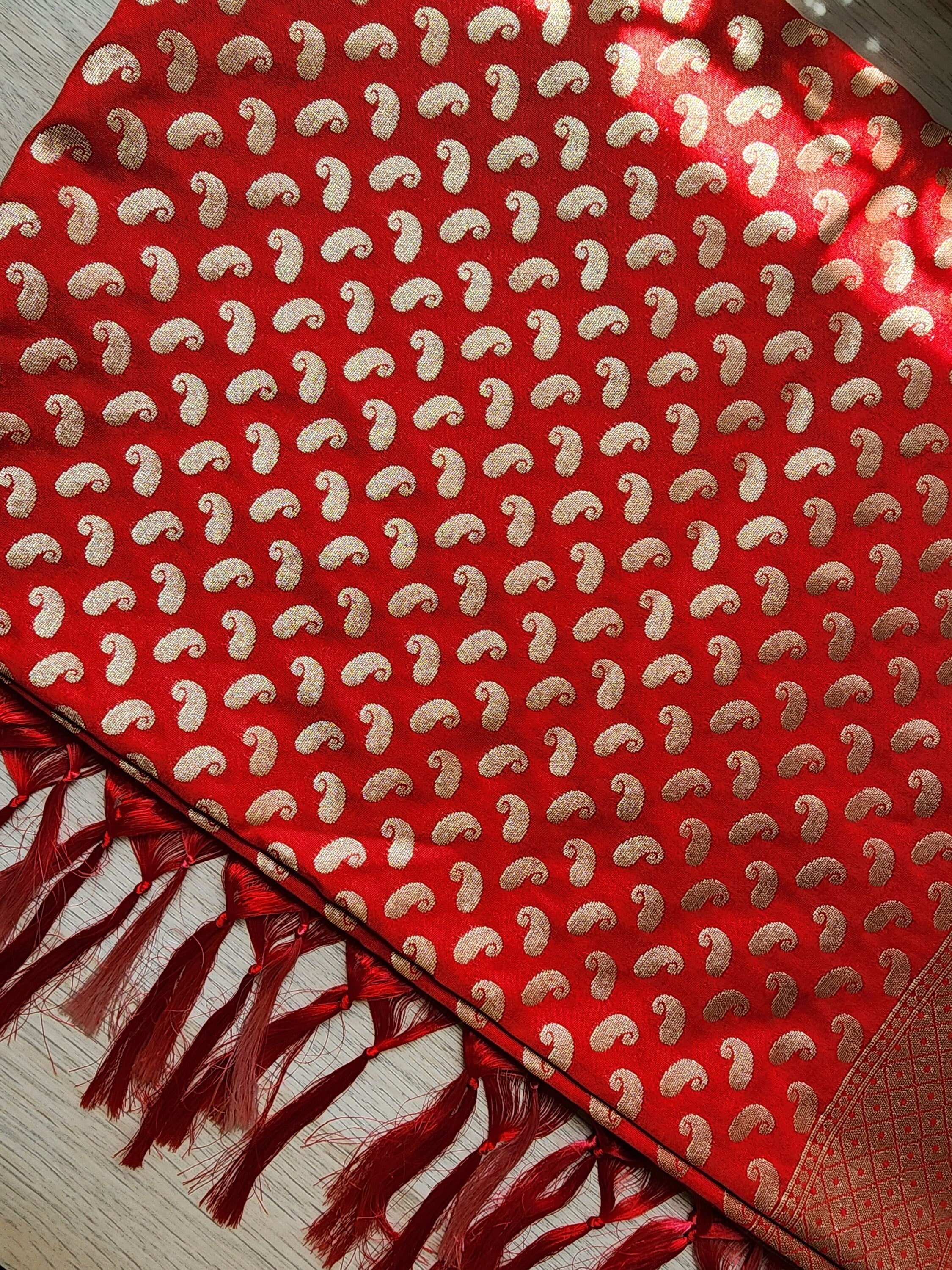Red Banarasi Silk Dupatta with Gold Kairi Motifs and Intricate Zari Border