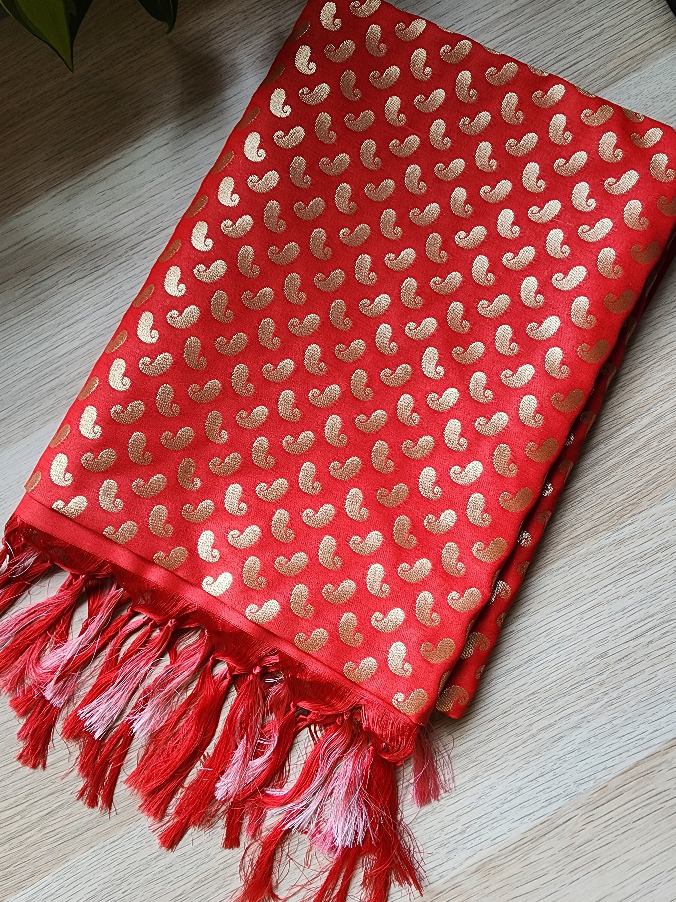 Red Banarasi Silk Dupatta with Gold Kairi Motifs and Intricate Zari Border