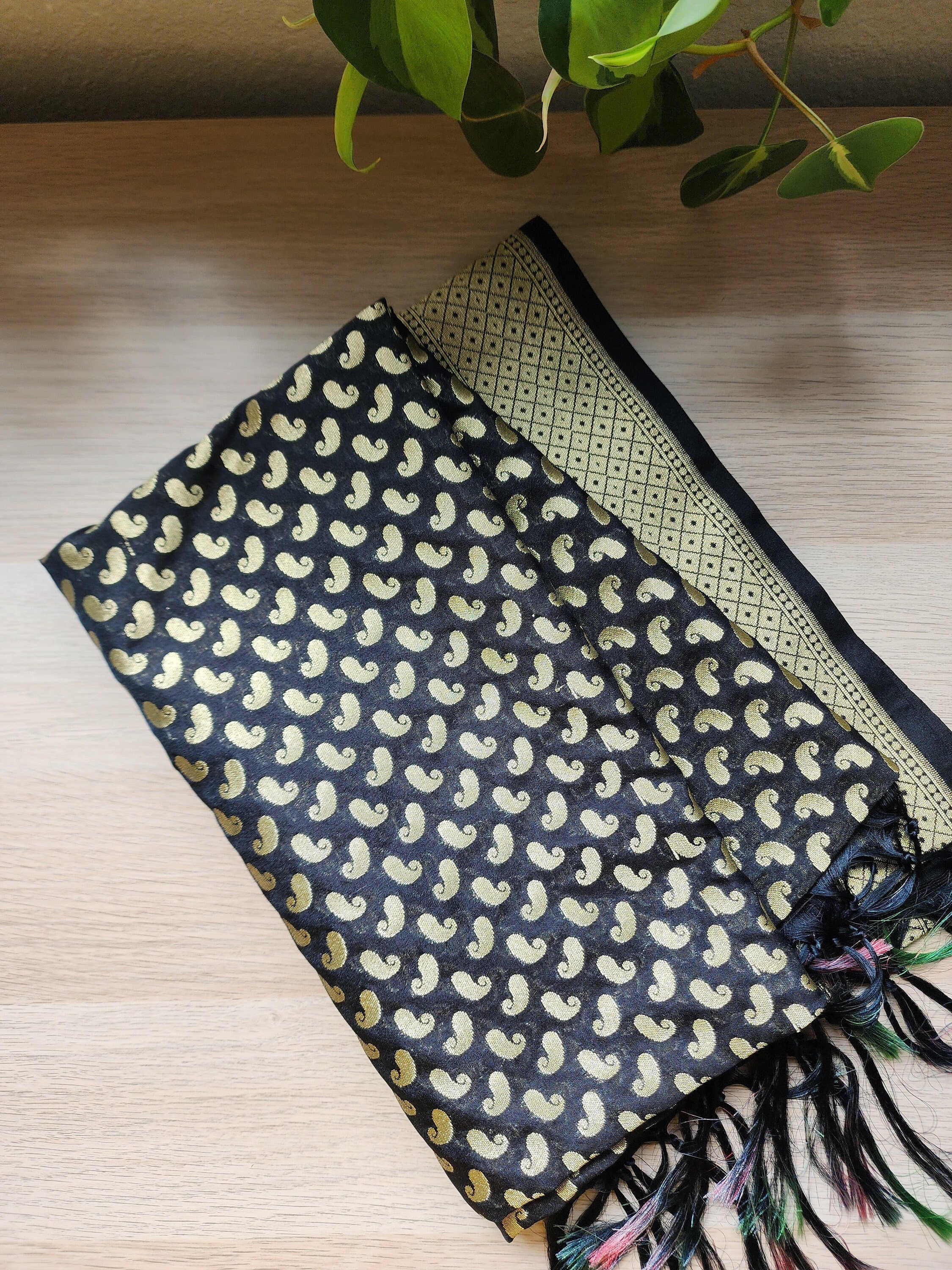 Black Banarasi Silk Dupatta with Gold Kairi Motifs and Intricate Zari Border