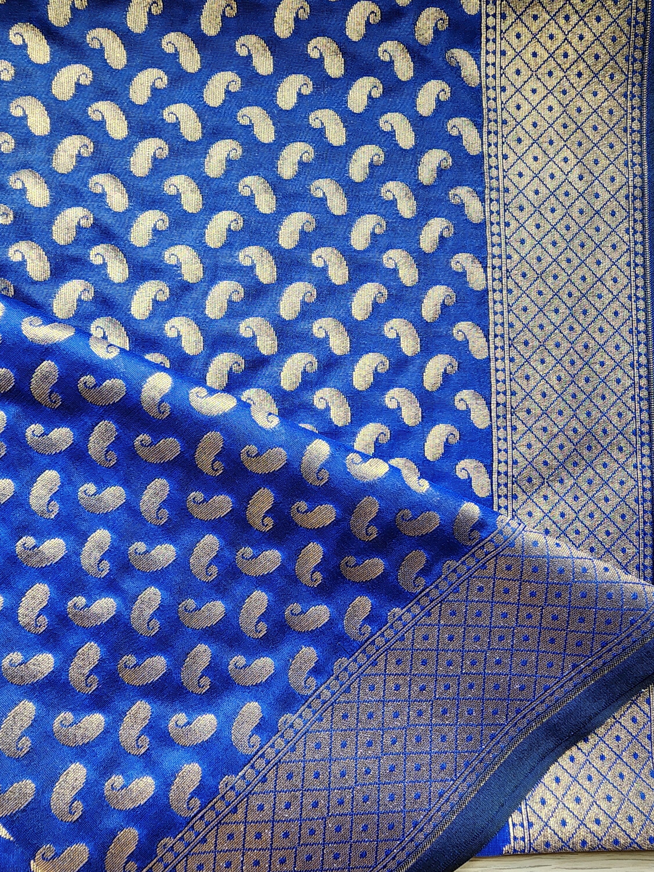 Royal Blue Banarasi Silk Dupatta with Gold Kairi Motifs and Intricate Zari Border