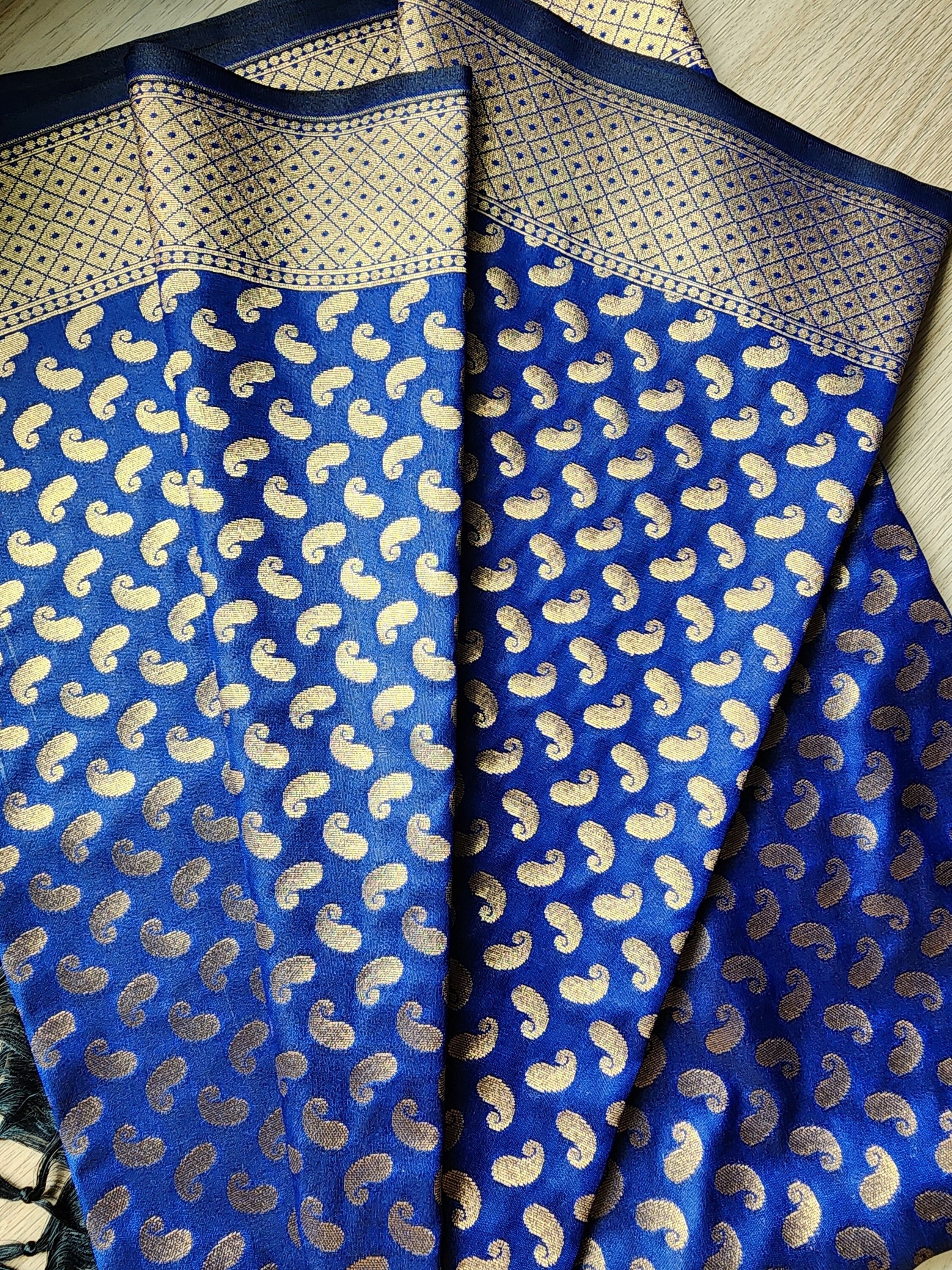 Royal Blue Banarasi Silk Dupatta with Gold Kairi Motifs and Intricate Zari Border