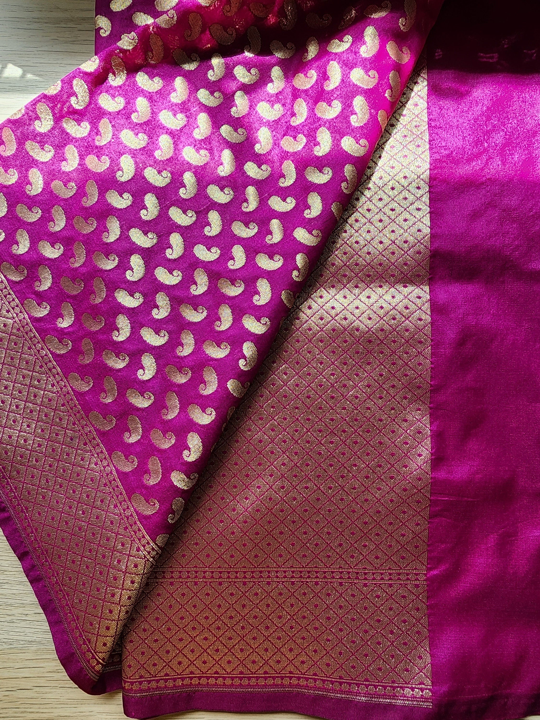 Purple Banarasi Silk Dupatta with Gold Kairi Motifs and Intricate Zari Border