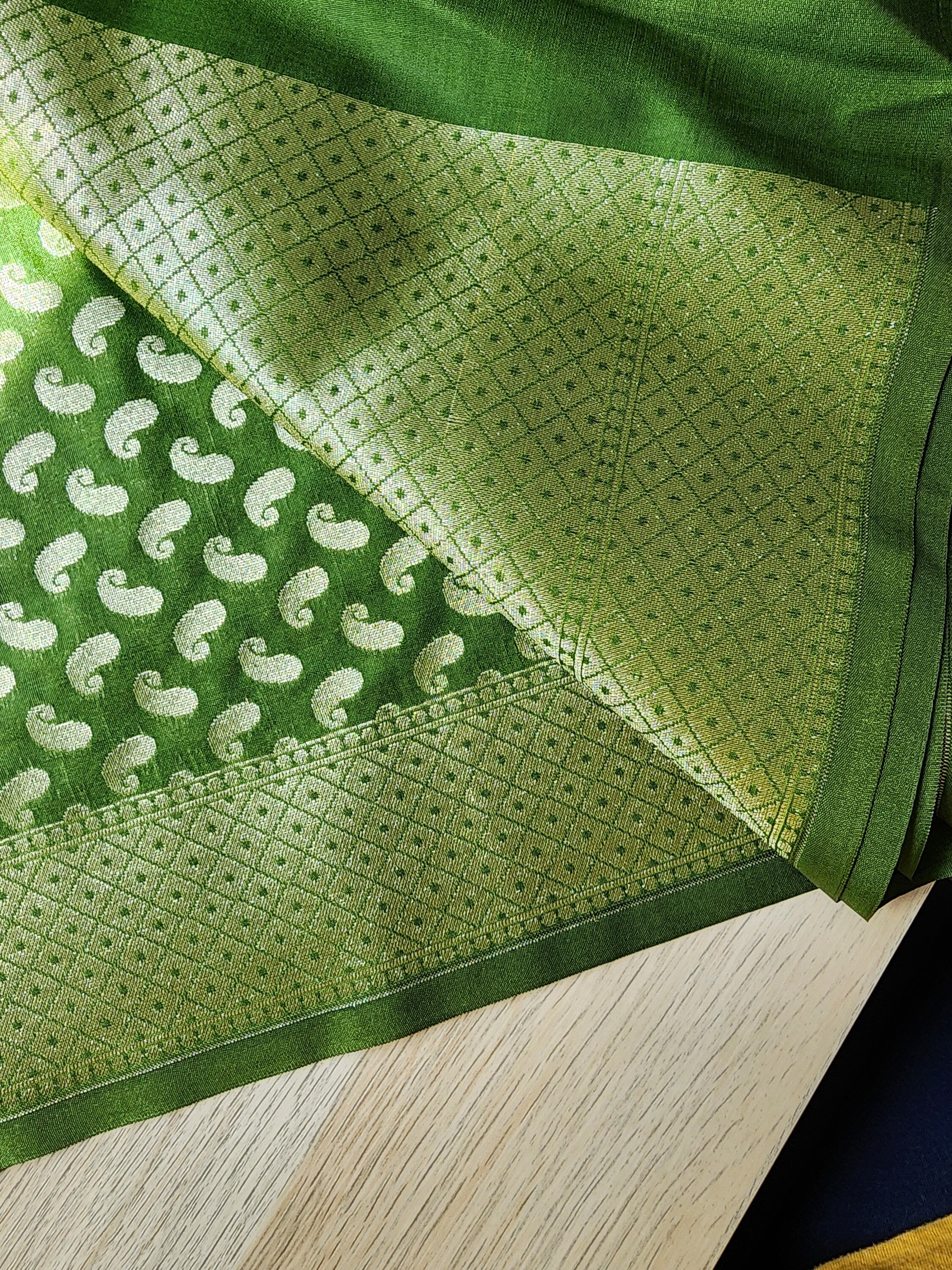Light Green Banarasi Silk Dupatta with Gold Kairi Motifs and Intricate Zari Border