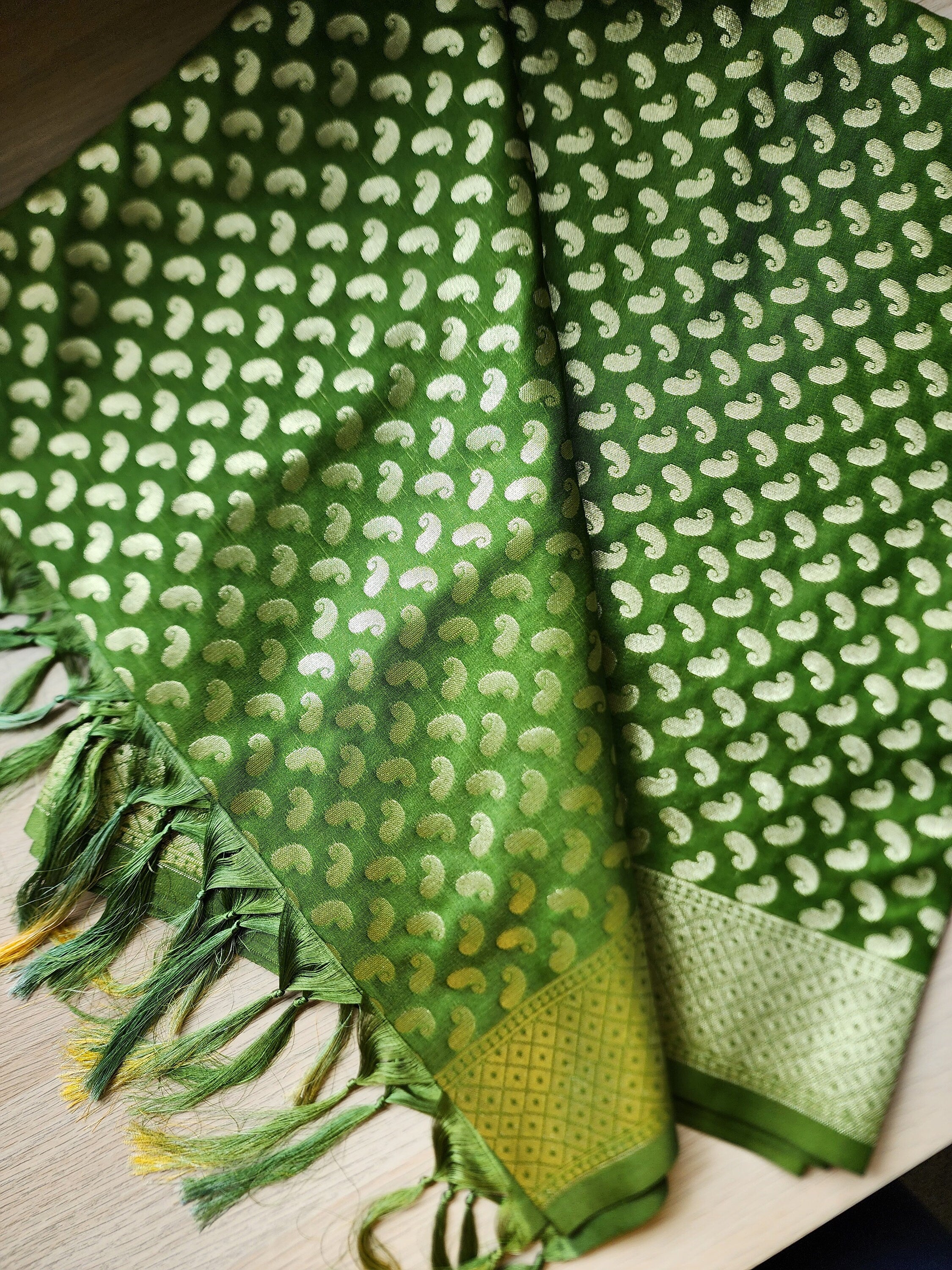 Light Green Banarasi Silk Dupatta with Gold Kairi Motifs and Intricate Zari Border