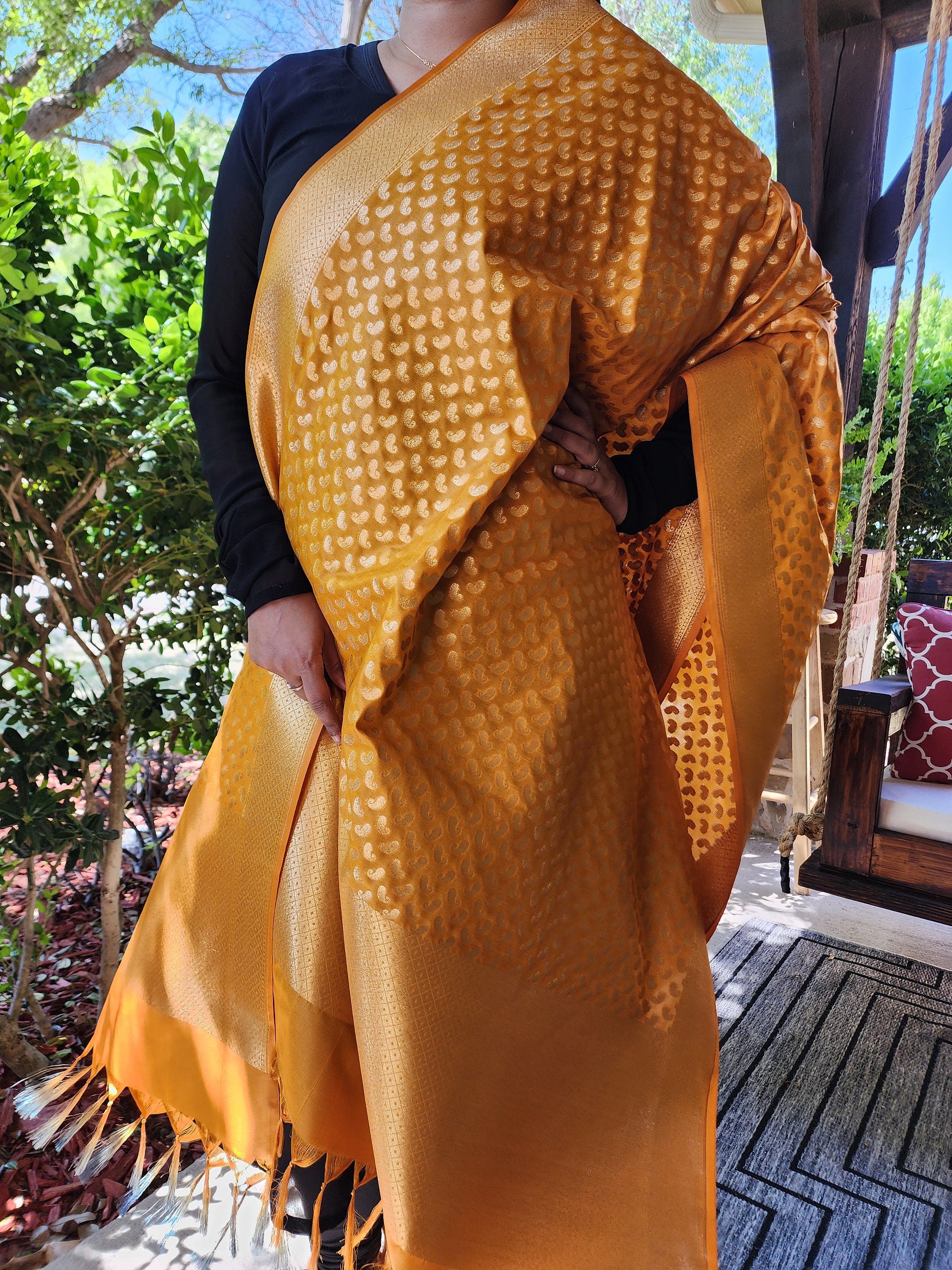 Mustard Yellow Banarasi Silk Dupatta with Gold Kairi Motifs and Intricate Zari Border