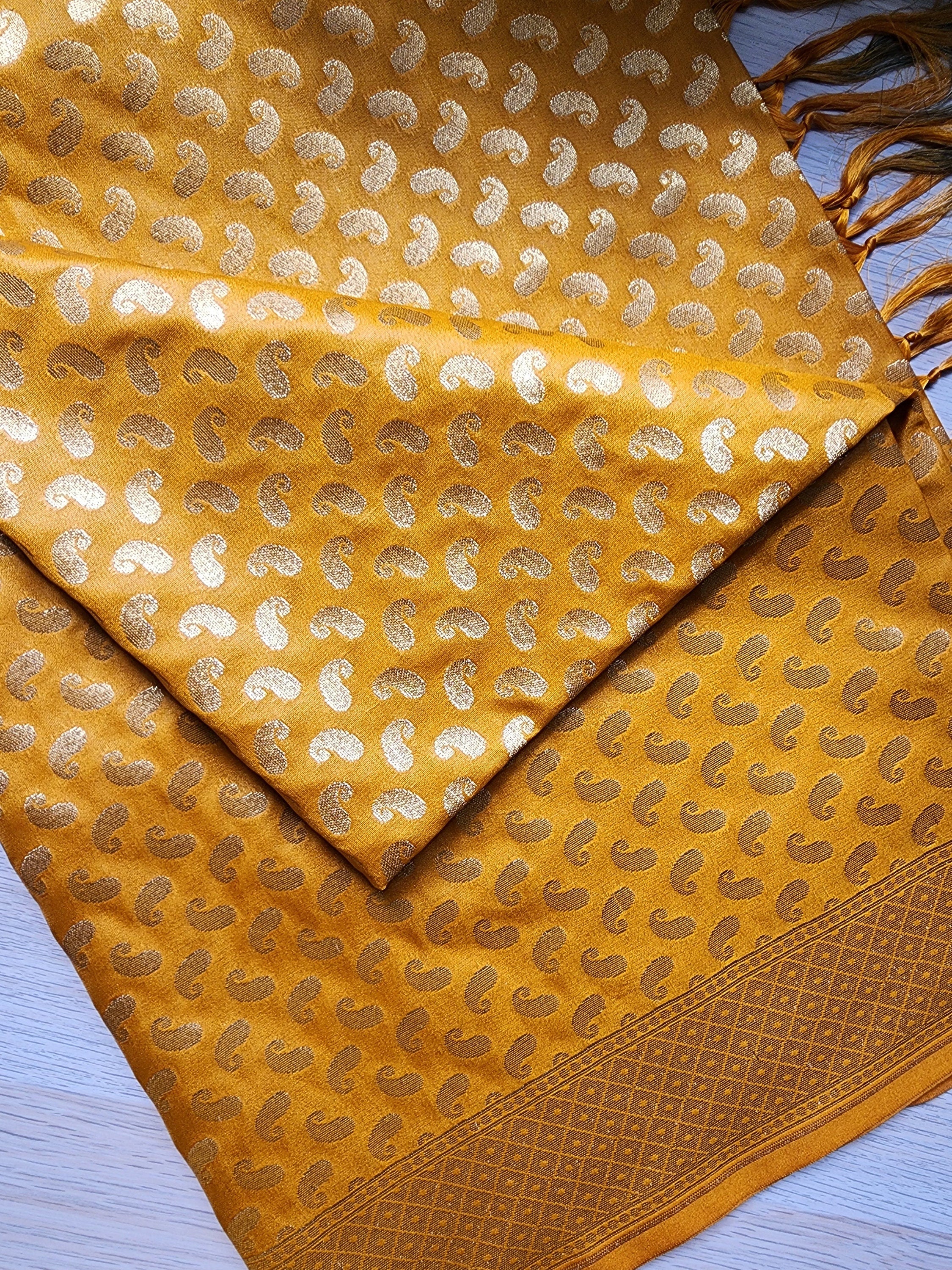 Mustard Yellow Banarasi Silk Dupatta with Gold Kairi Motifs and Intricate Zari Border