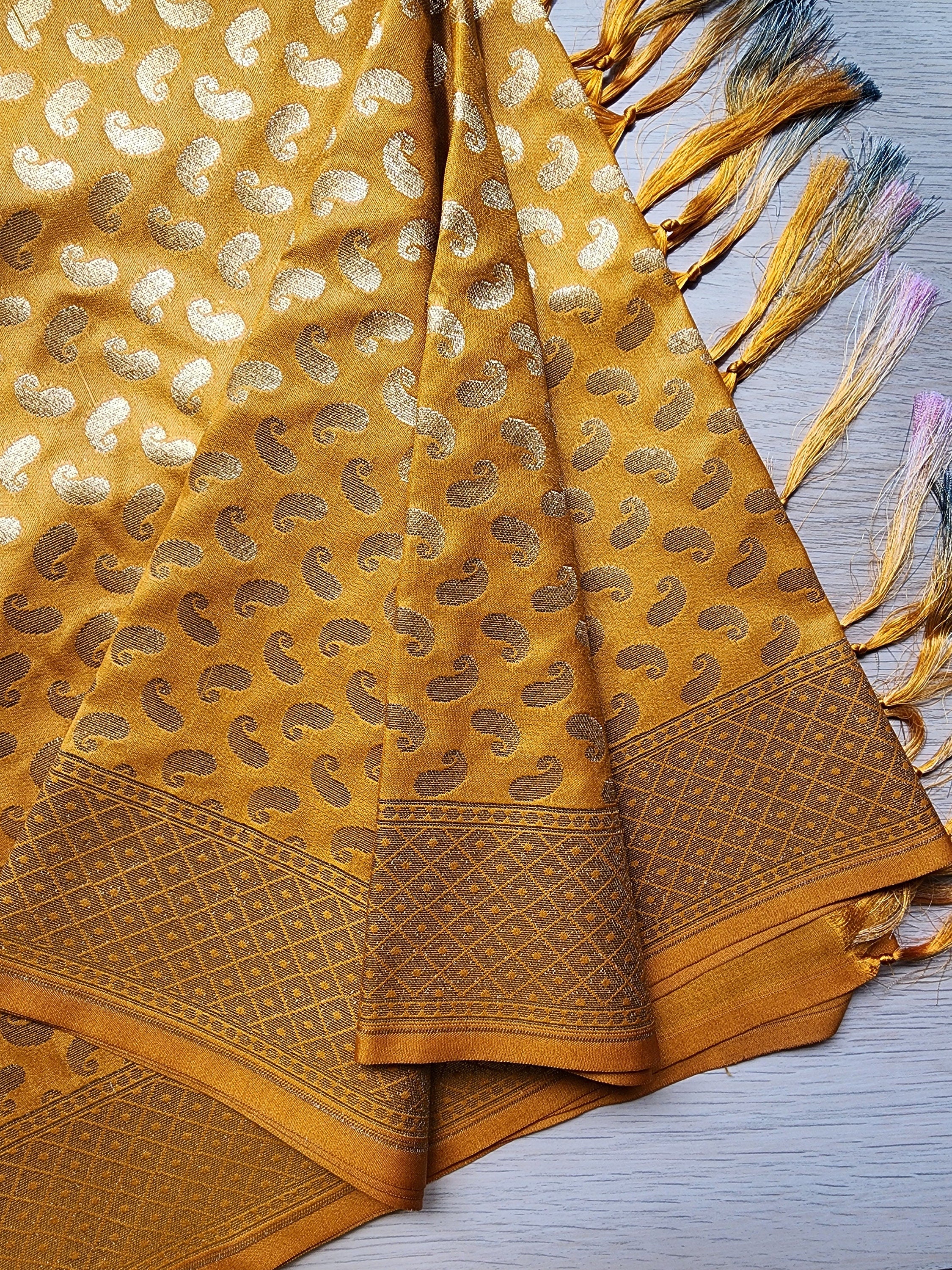 Mustard Yellow Banarasi Silk Dupatta with Gold Kairi Motifs and Intricate Zari Border