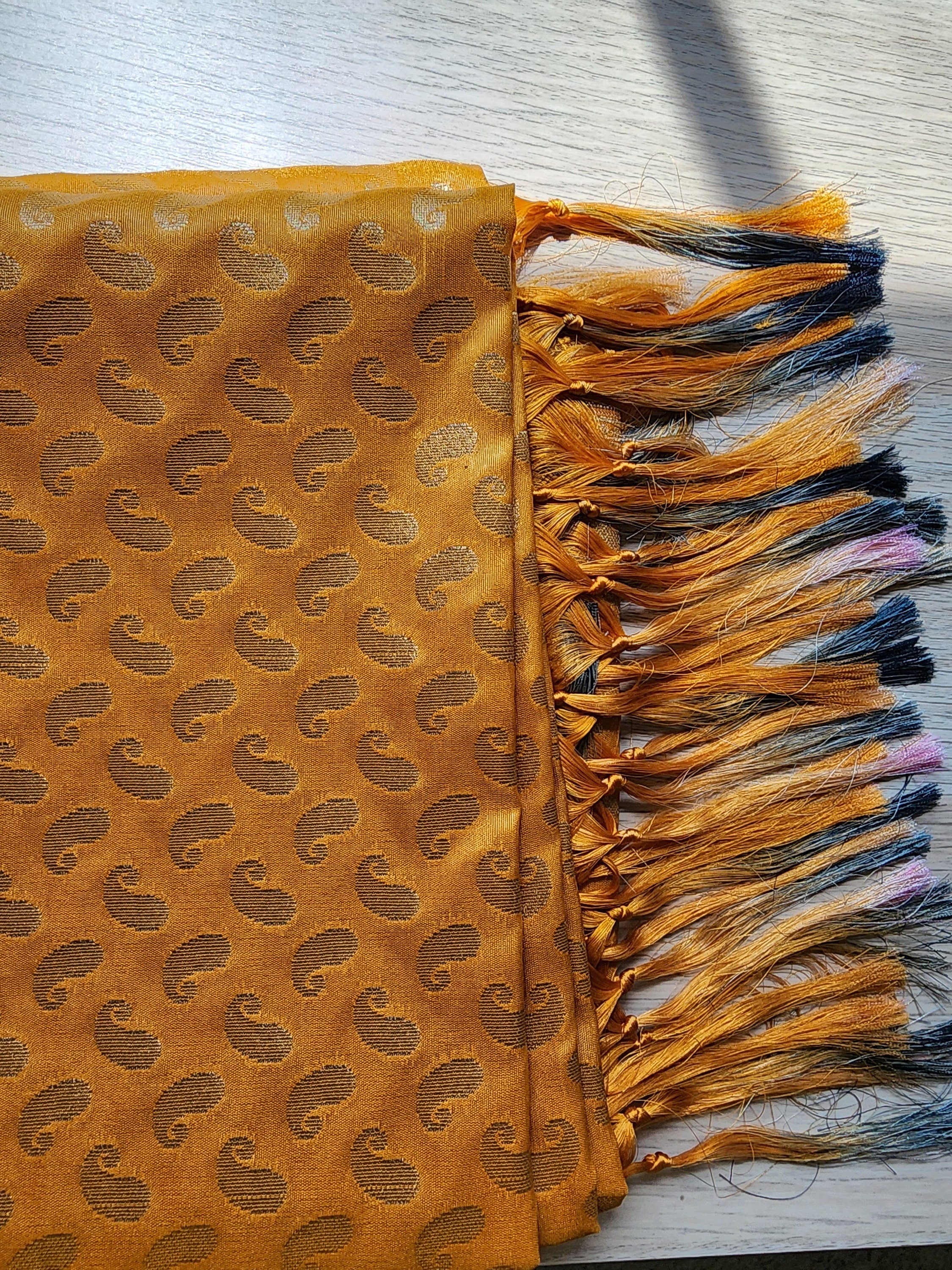 Mustard Yellow Banarasi Silk Dupatta with Gold Kairi Motifs and Intricate Zari Border