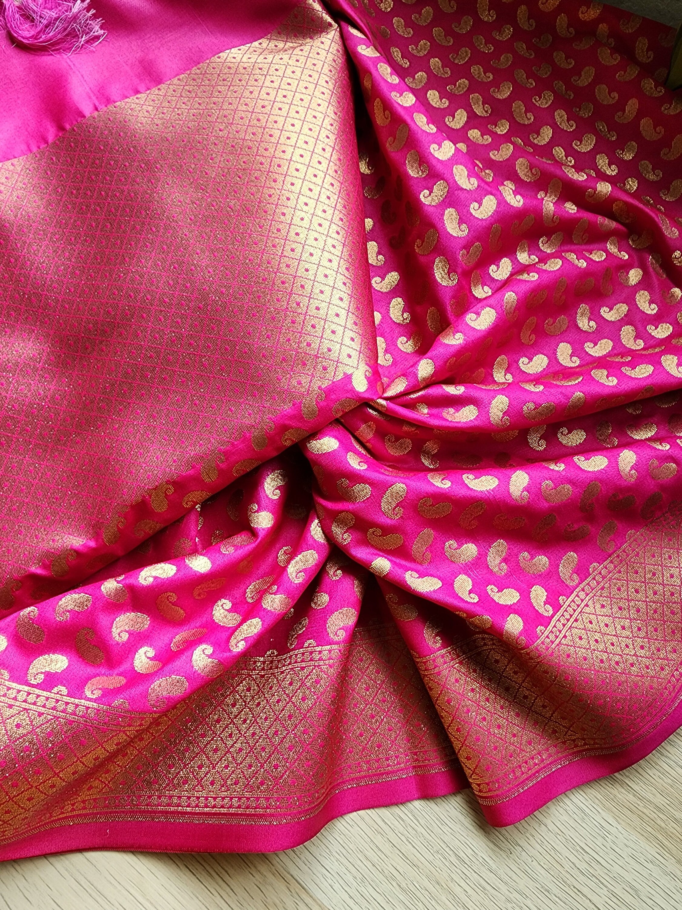 Rani Pink Banarasi Silk Dupatta with Gold Kairi Motifs and Intricate Zari Border