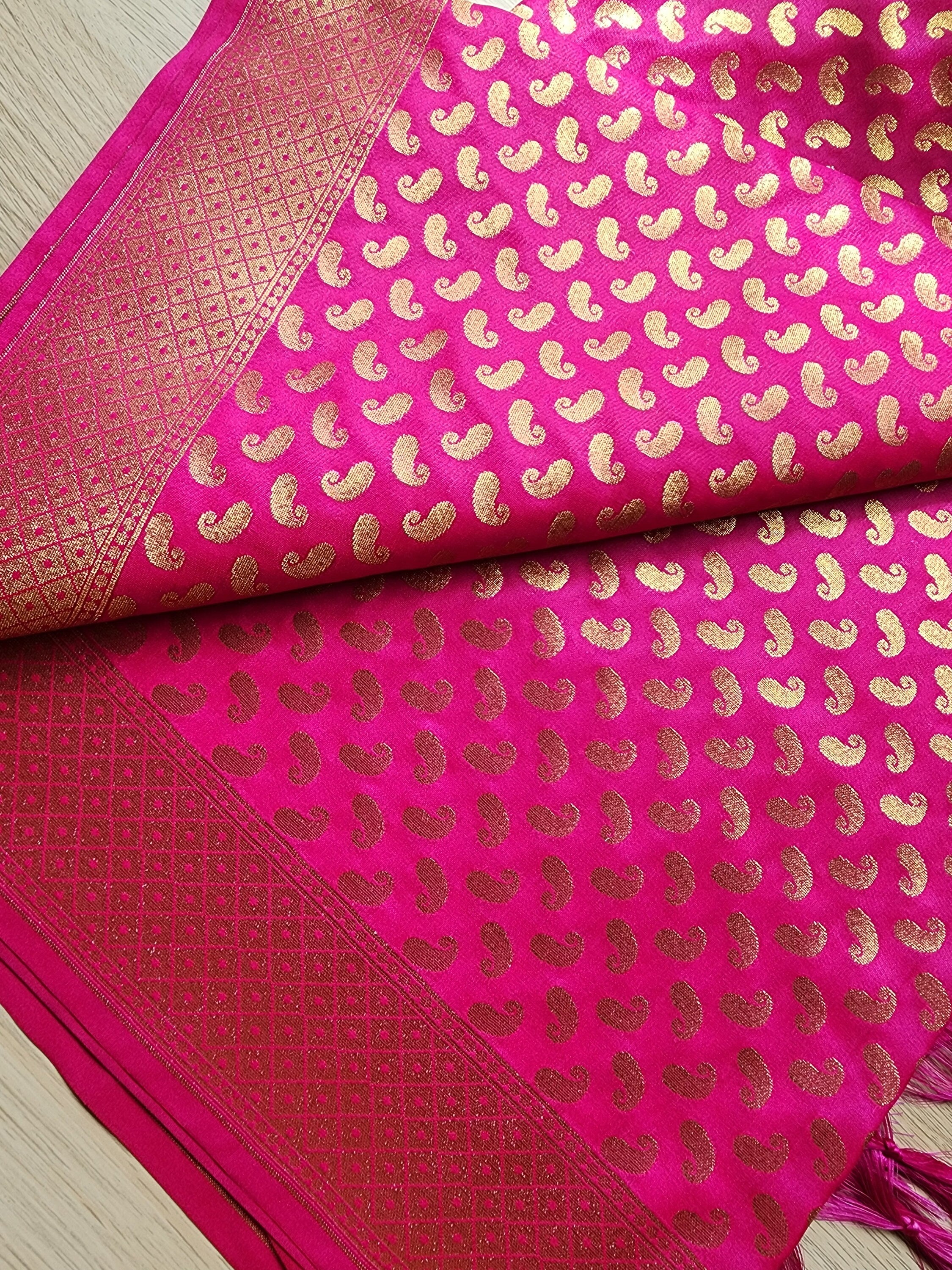 Rani Pink Banarasi Silk Dupatta with Gold Kairi Motifs and Intricate Zari Border