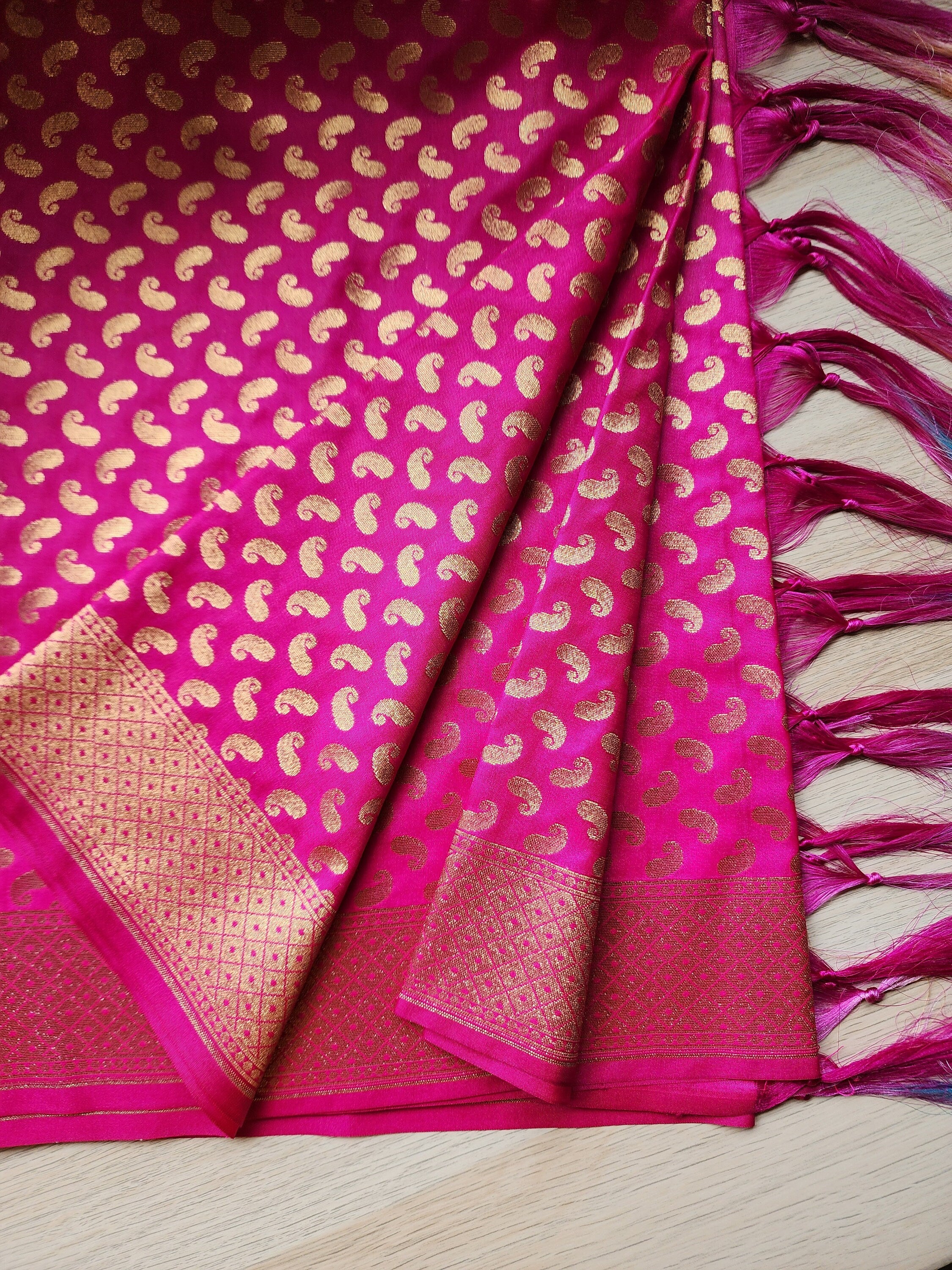 Rani Pink Banarasi Silk Dupatta with Gold Kairi Motifs and Intricate Zari Border