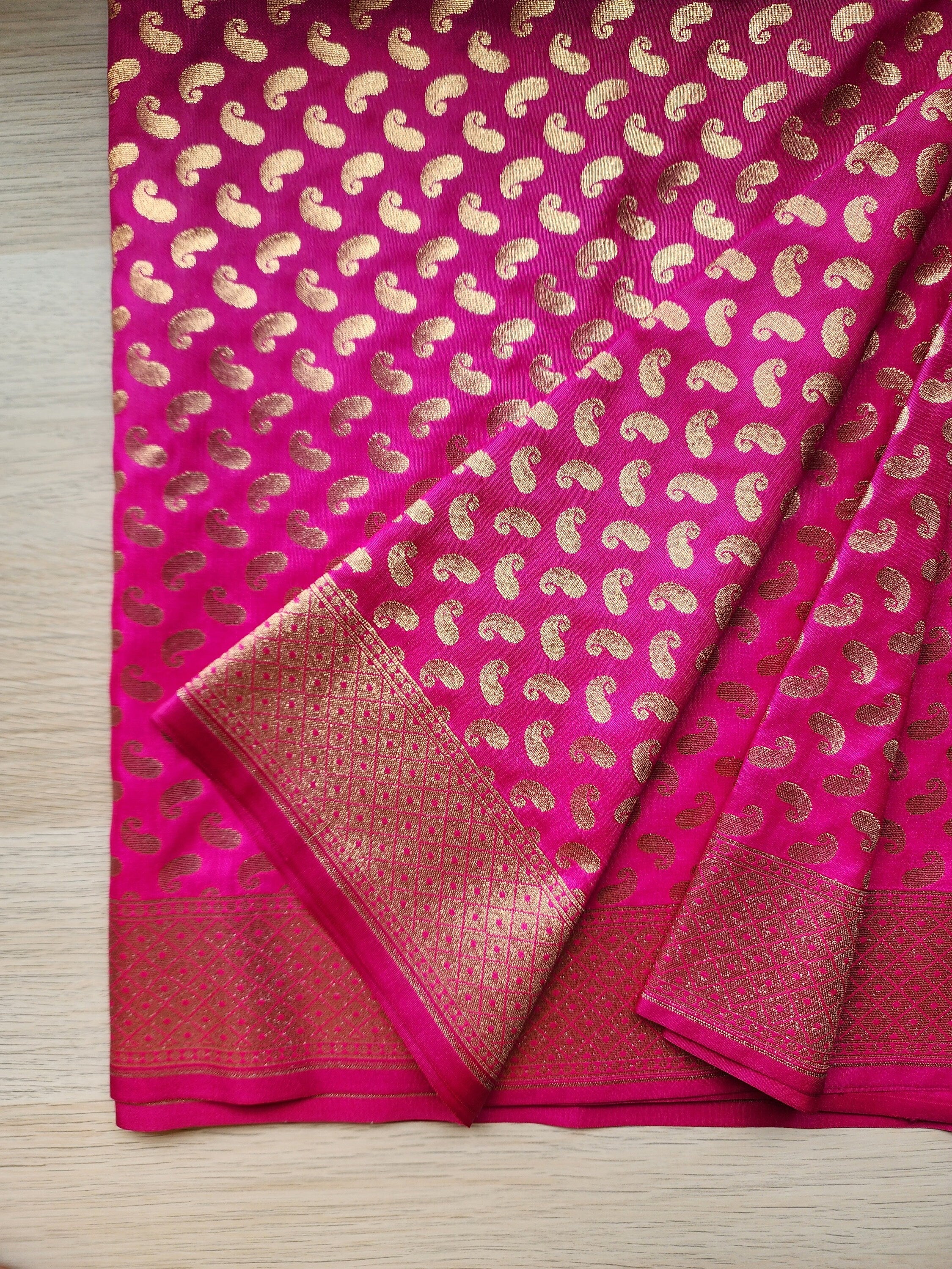 Rani Pink Banarasi Silk Dupatta with Gold Kairi Motifs and Intricate Zari Border