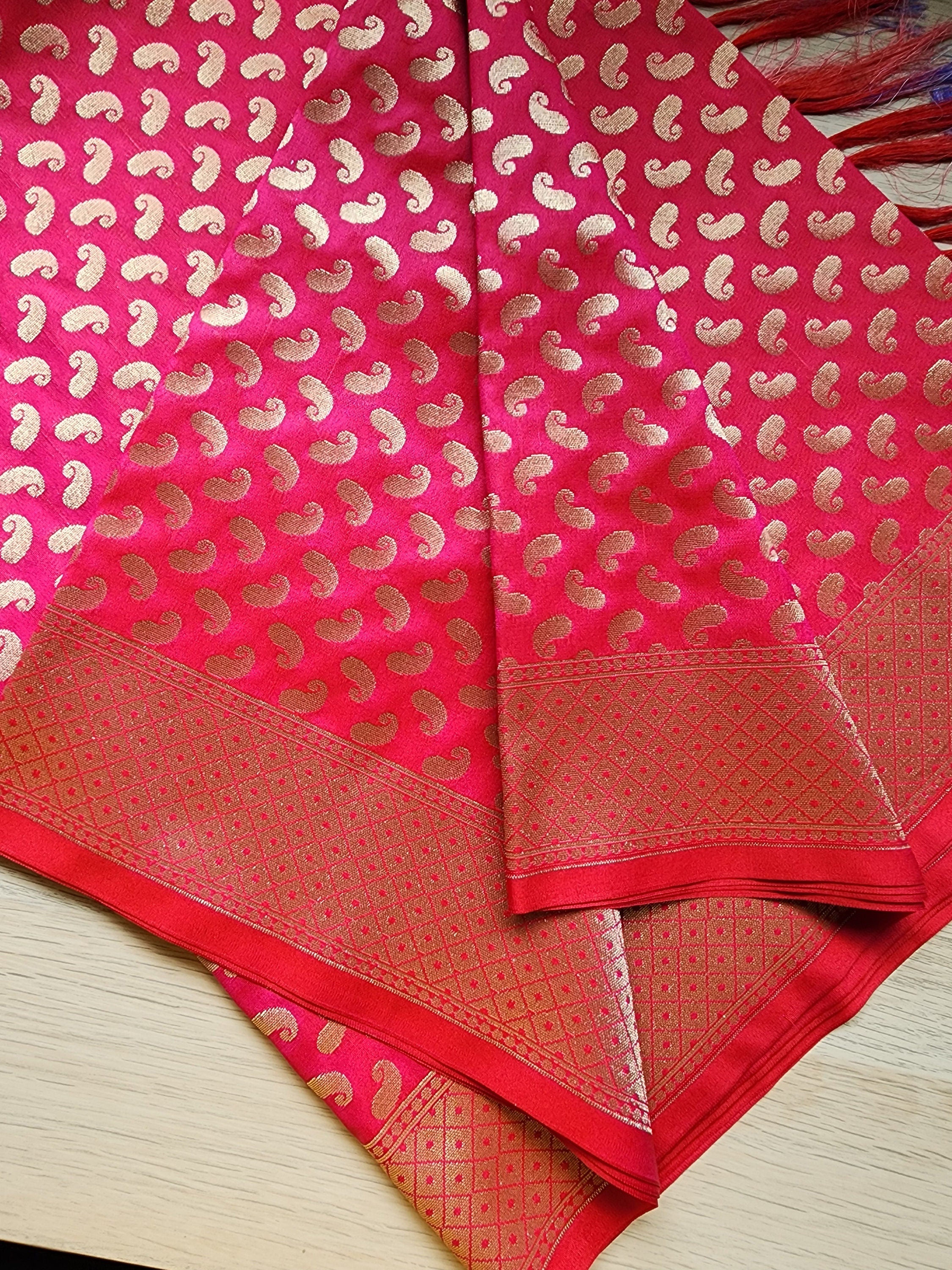 Bubble Gum Pink Banarasi Silk Dupatta with Gold Kairi Motifs and Intricate Zari Border