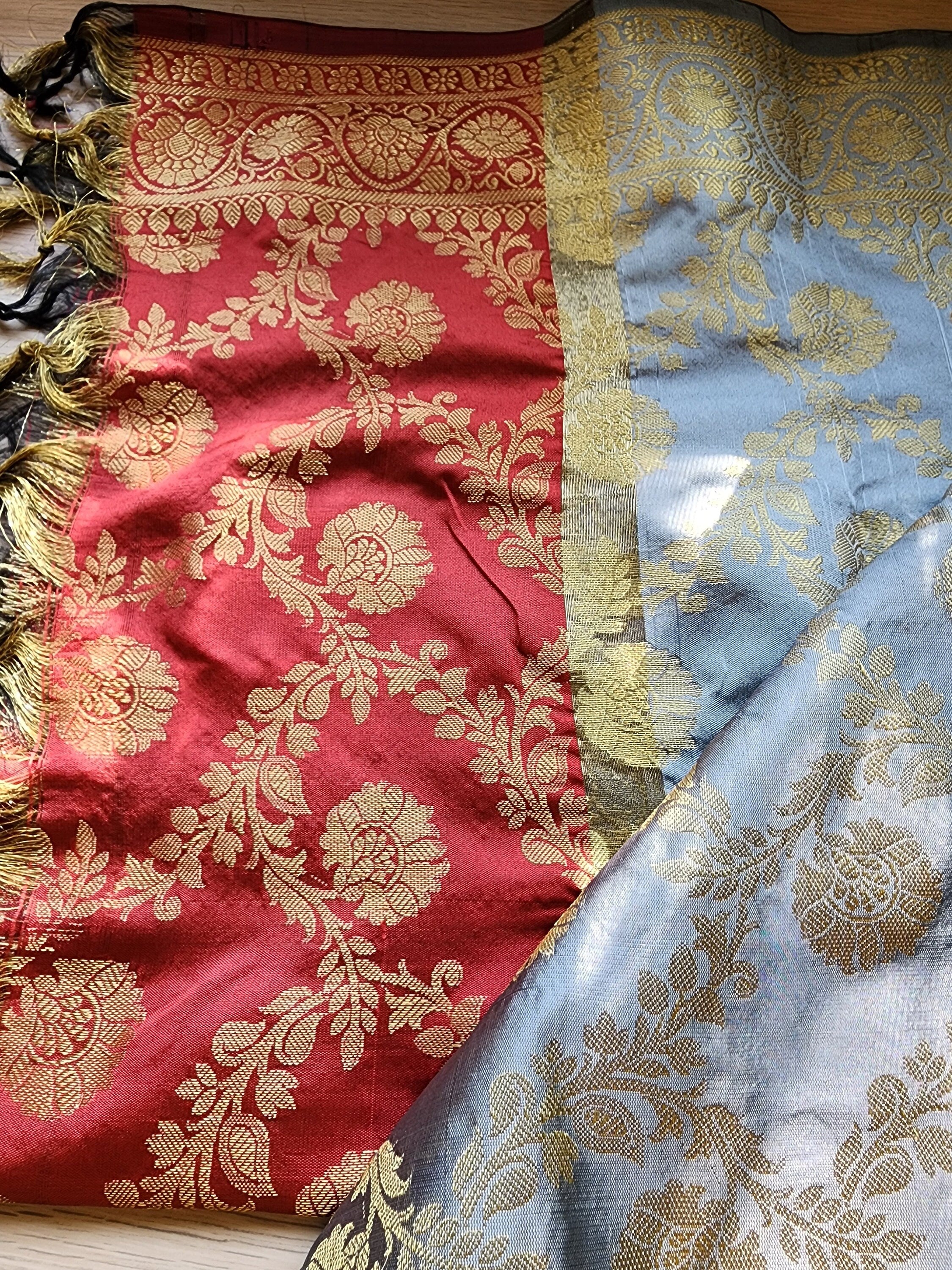 Banarasi Gray and Red Dual Color Silk Dupatta with gold weaving