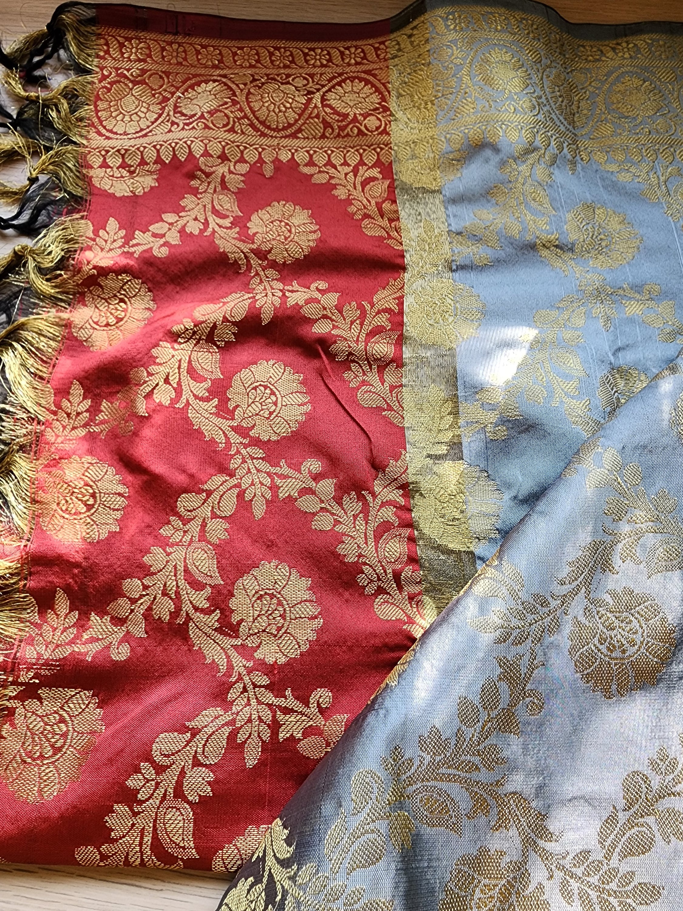 Banarasi Gray and Red Dual Color Silk Dupatta with gold weaving
