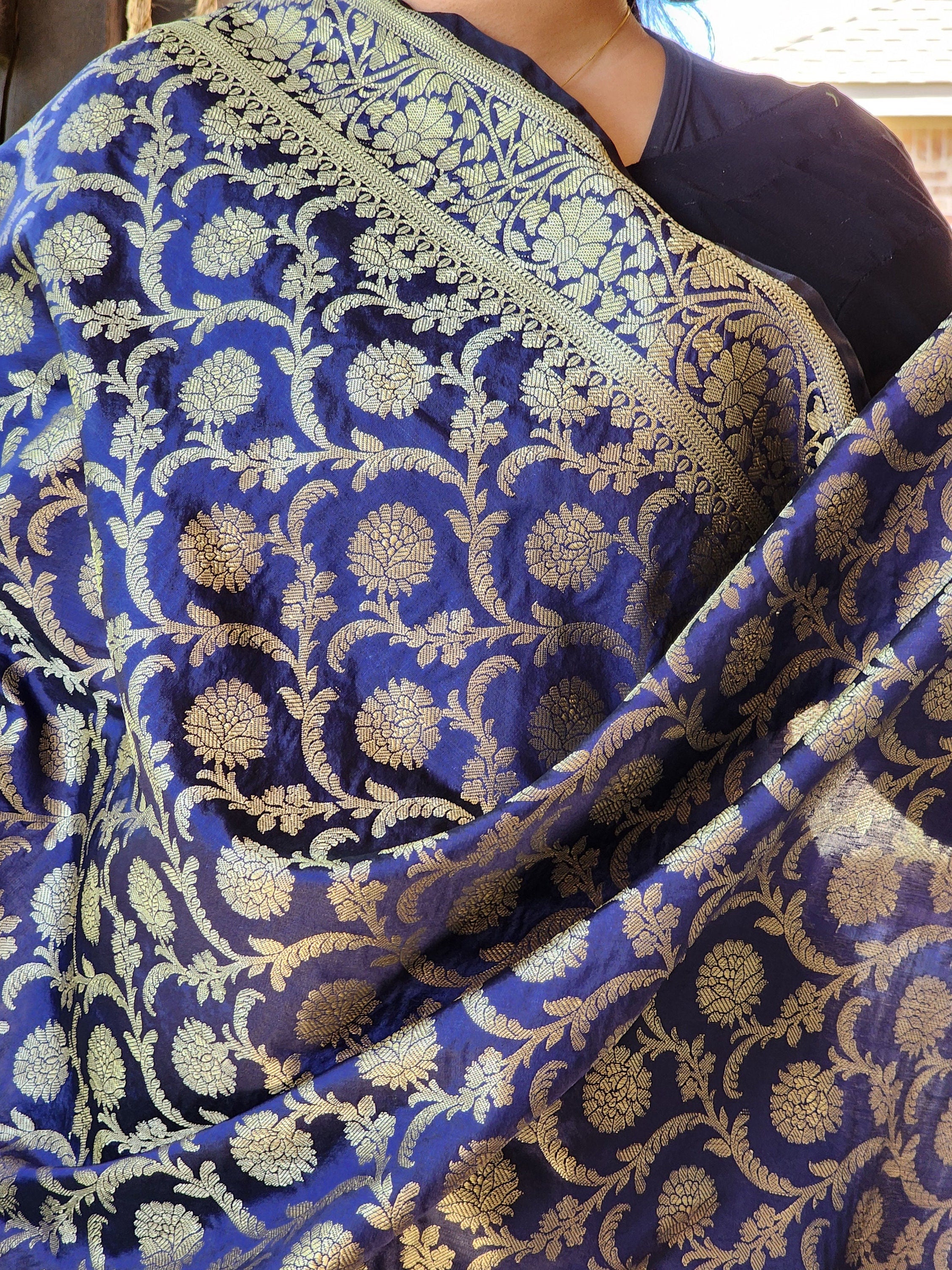 Banarasi Dark Gunmetal Gray Silk Dupatta with gold weaving