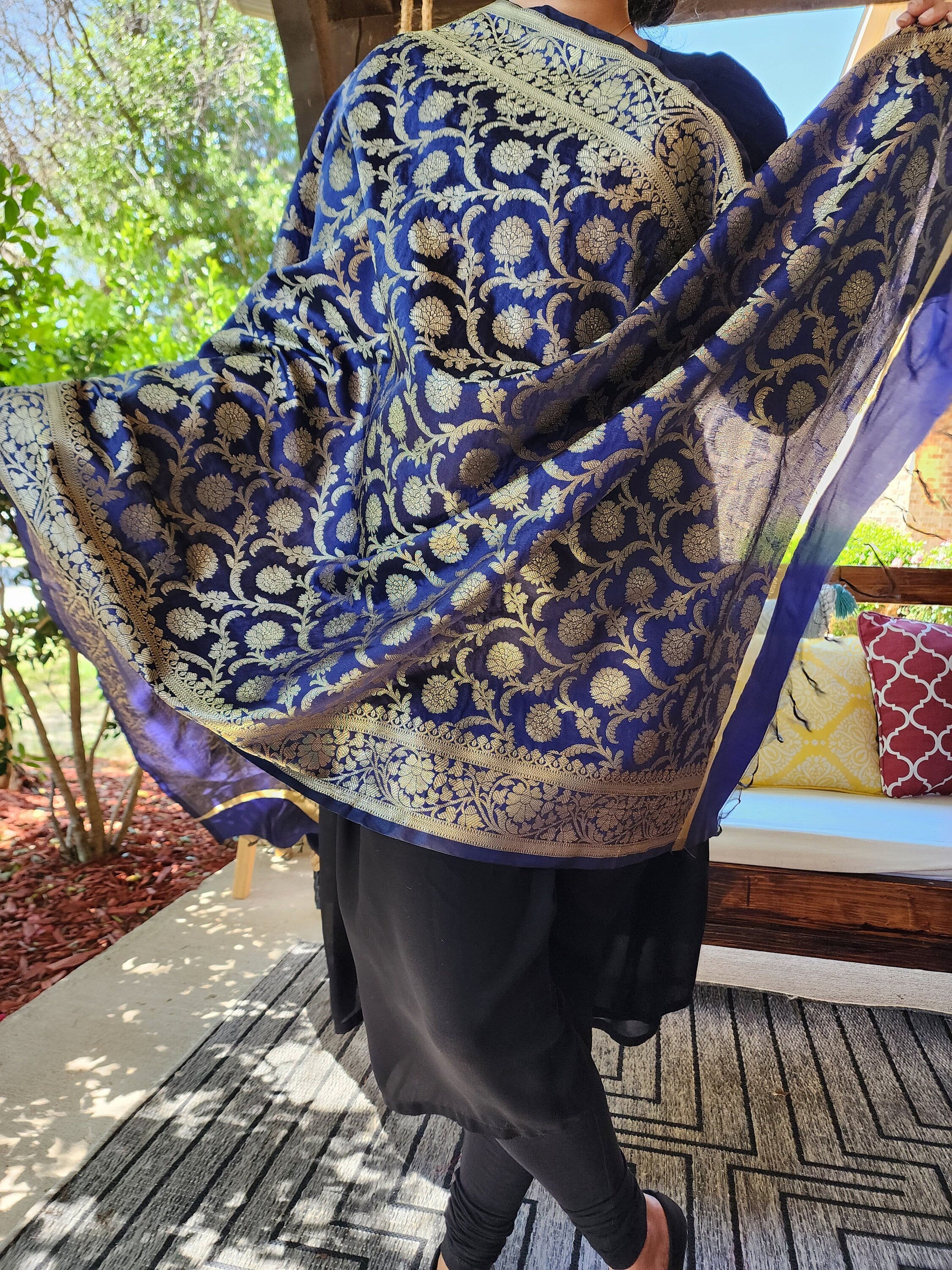 Banarasi Dark Gunmetal Gray Silk Dupatta with Gold Weaving and Floral Border